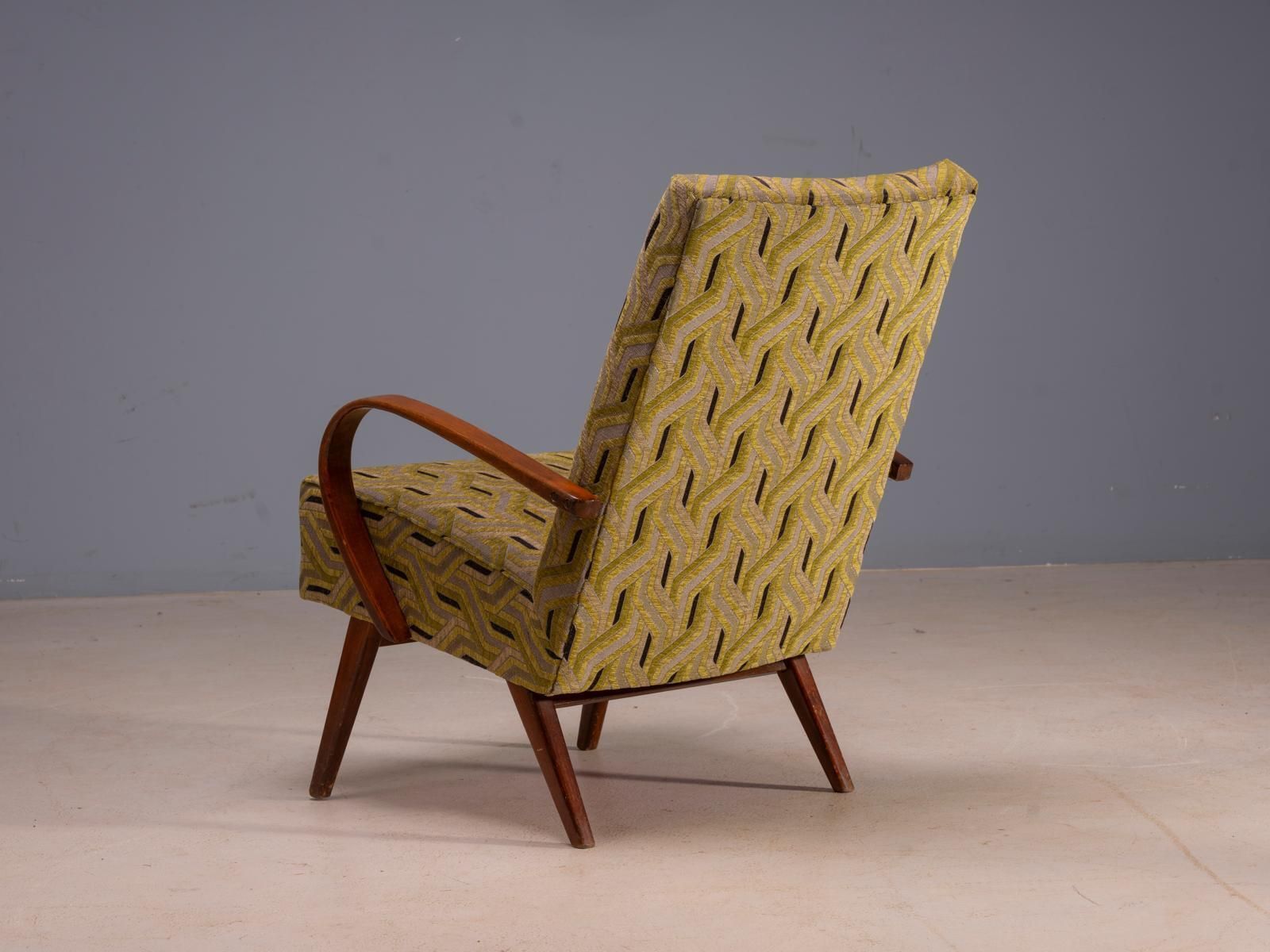 Restored Bentwood Armchairs By Jaroslav šmídek, Pair, Czechoslovakia, New Beige & Yellow Upholstery, 61 × 82 × 81 Cm photo furniture