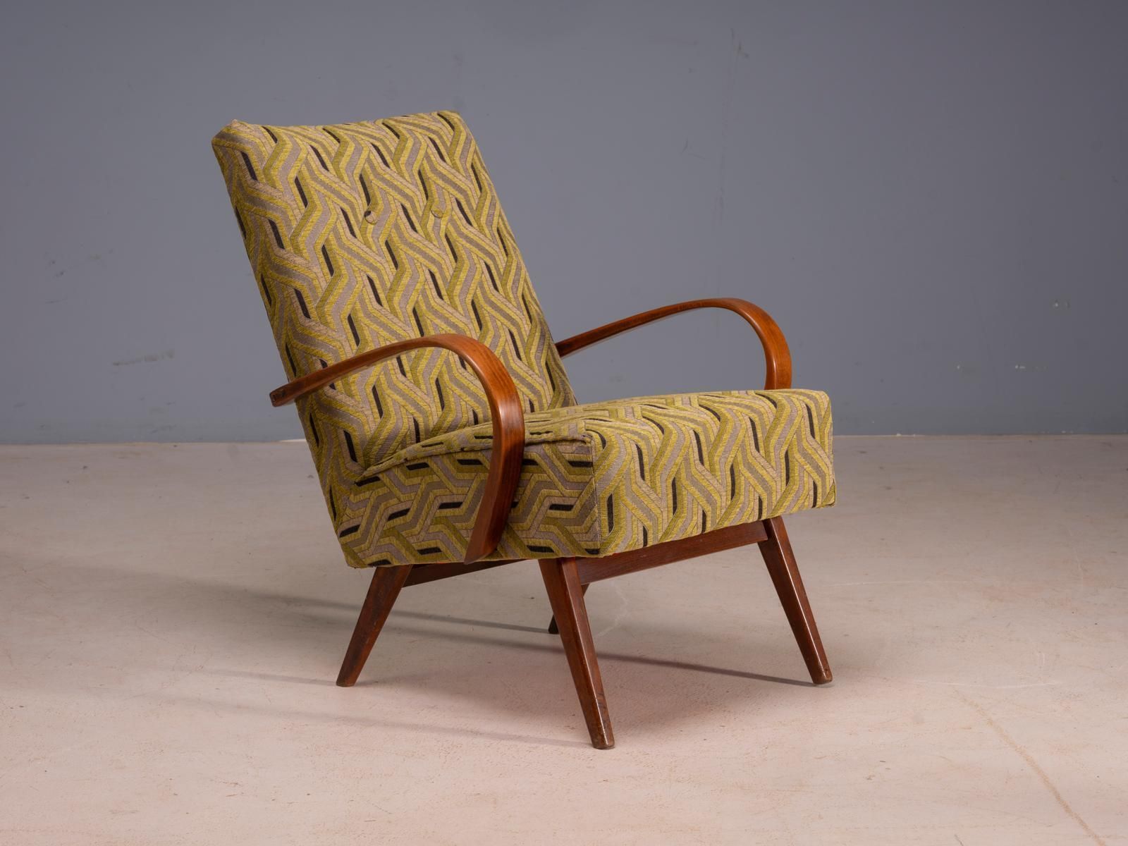 Restored Bentwood Armchairs By Jaroslav šmídek, Pair, Czechoslovakia, New Beige & Yellow Upholstery, 61 × 82 × 81 Cm photo Furniture