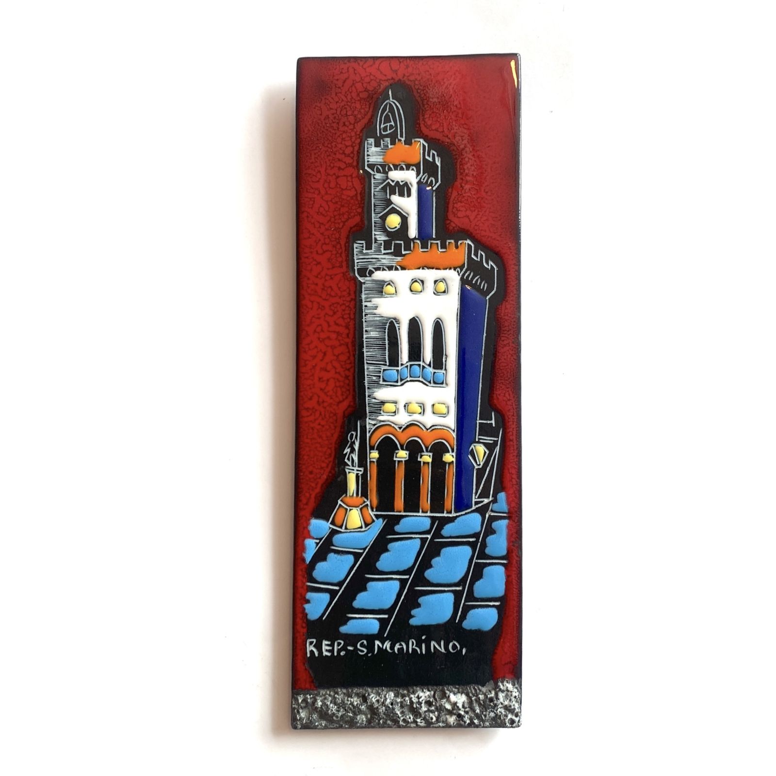 San Marino Pottery wandplaquette in levendige veelkleurige glazuur, Italiaans aardewerk jaren 1960