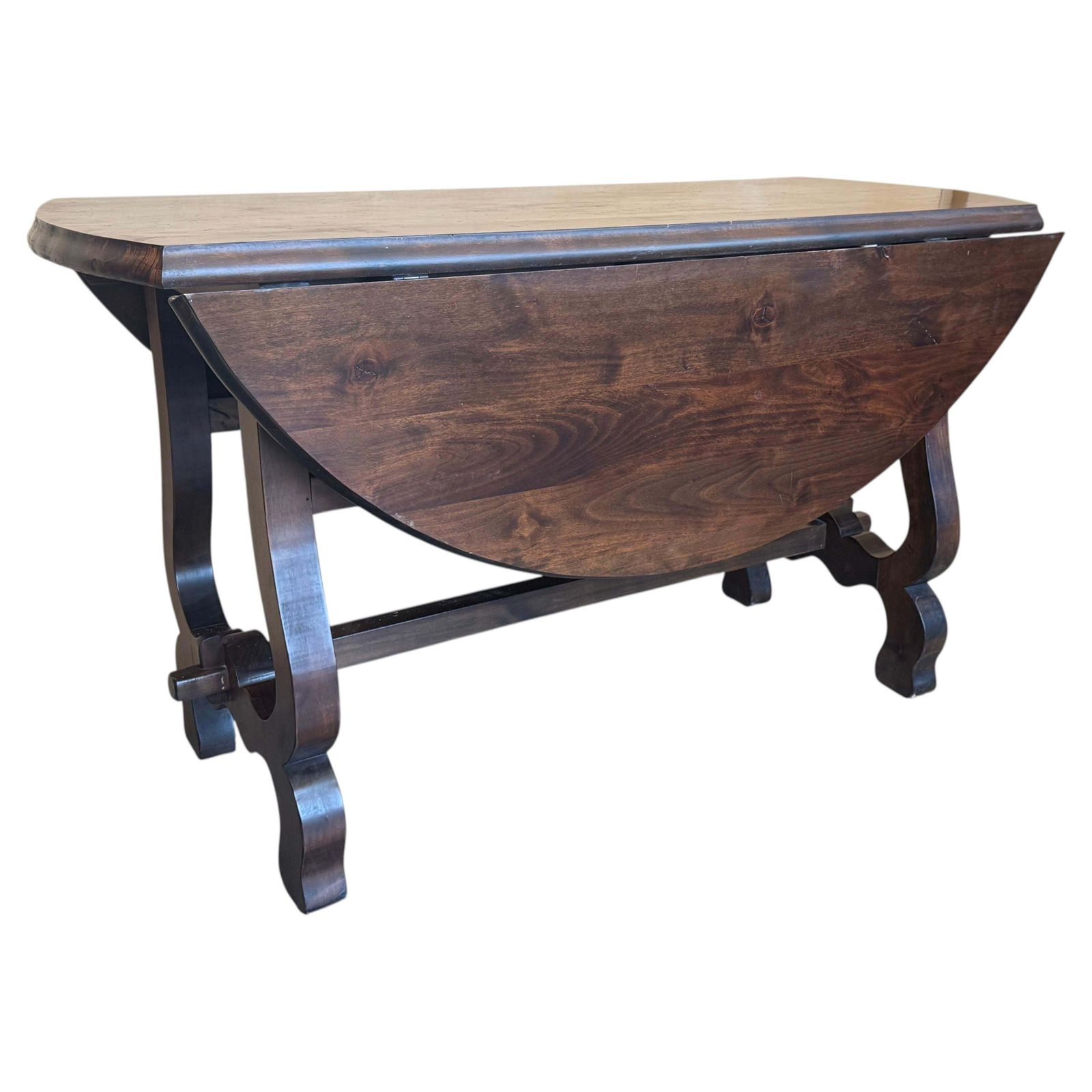 Antique Folding Console Table With Lyre Shaped Legs, Convertible Into A Round Dining Table