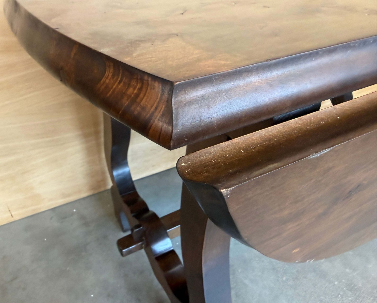photo vinterior Antique Folding Console Table With Lyre Shaped Legs, Convertible Into A Round Dining Table