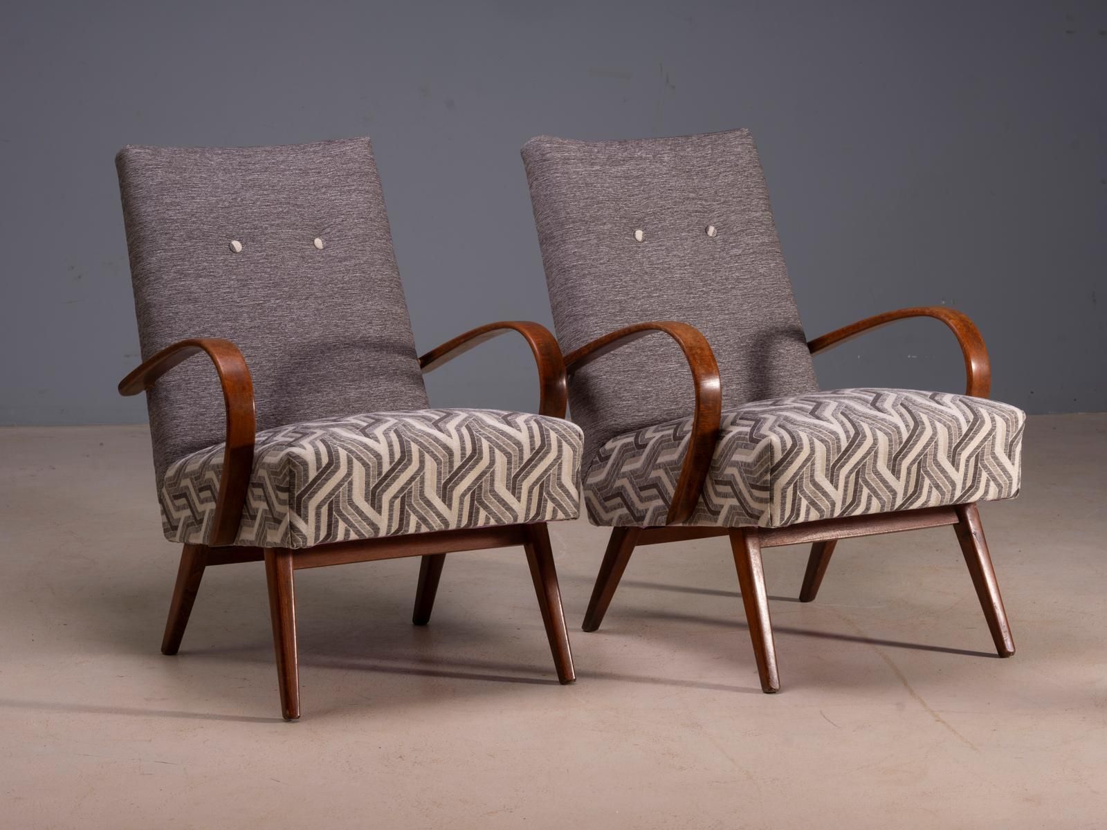 Restored Bentwood Armchairs By Jaroslav šmídek, Pair, Czechoslovakia, New Grey & Beige Upholstery, 61 × 82 × 81 Cm photo 1826.0