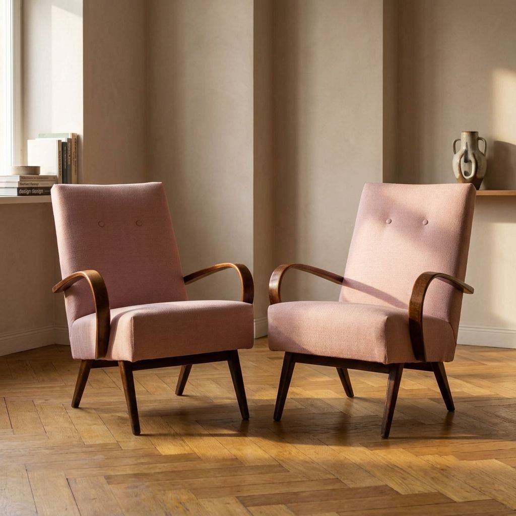 Gerestaureerde Bentwood fauteuils van Jaroslav Šmídek, paar, Tsjecho-Slowakije, nieuwe roze bekleding, 61 × 82 × 81 cm photo 1826.0