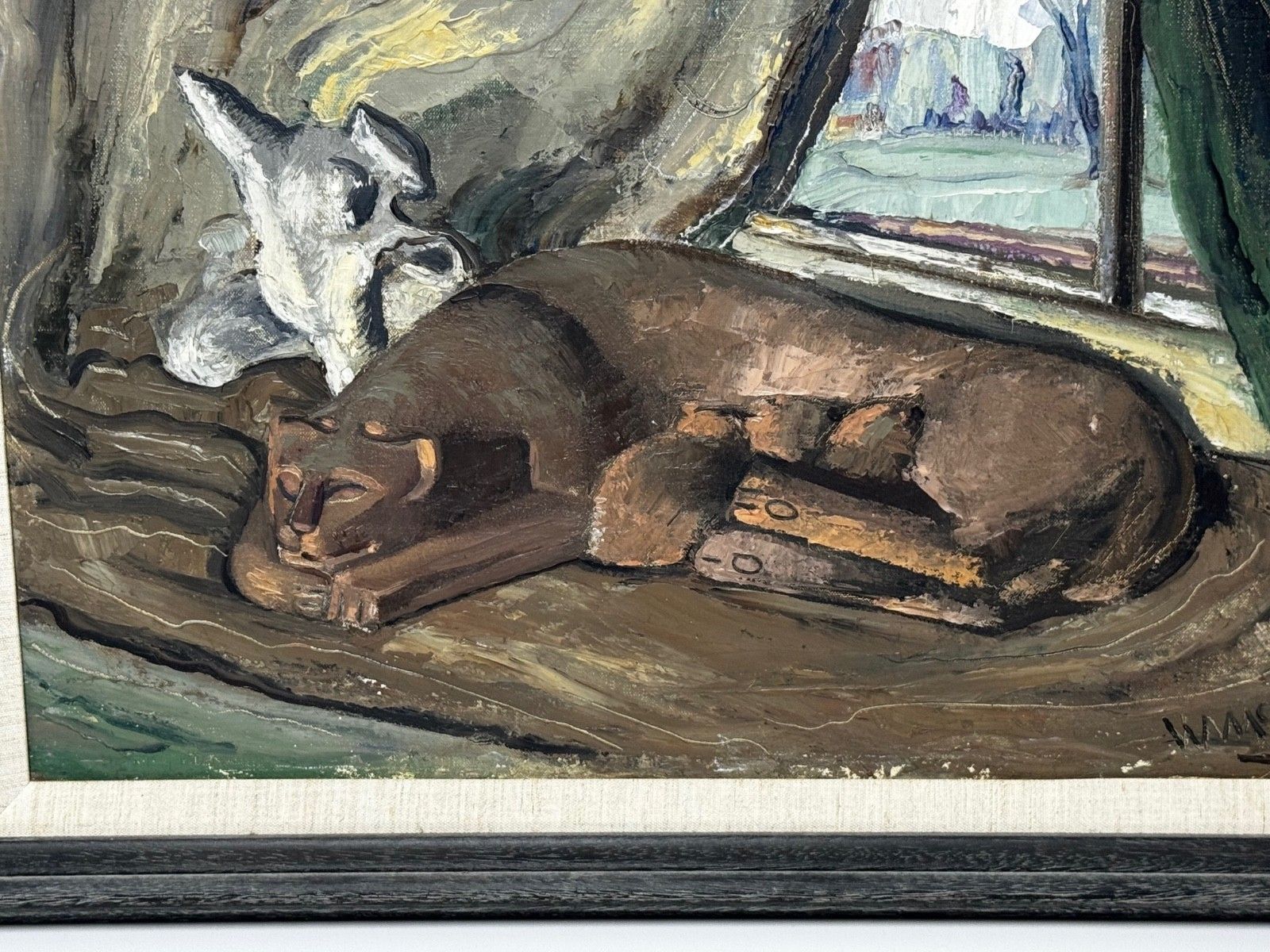 Mid-Century Schots olieverfschilderij moederkat met kittens, A Moment Of Nurture, gesigneerd William McCance photo for sale