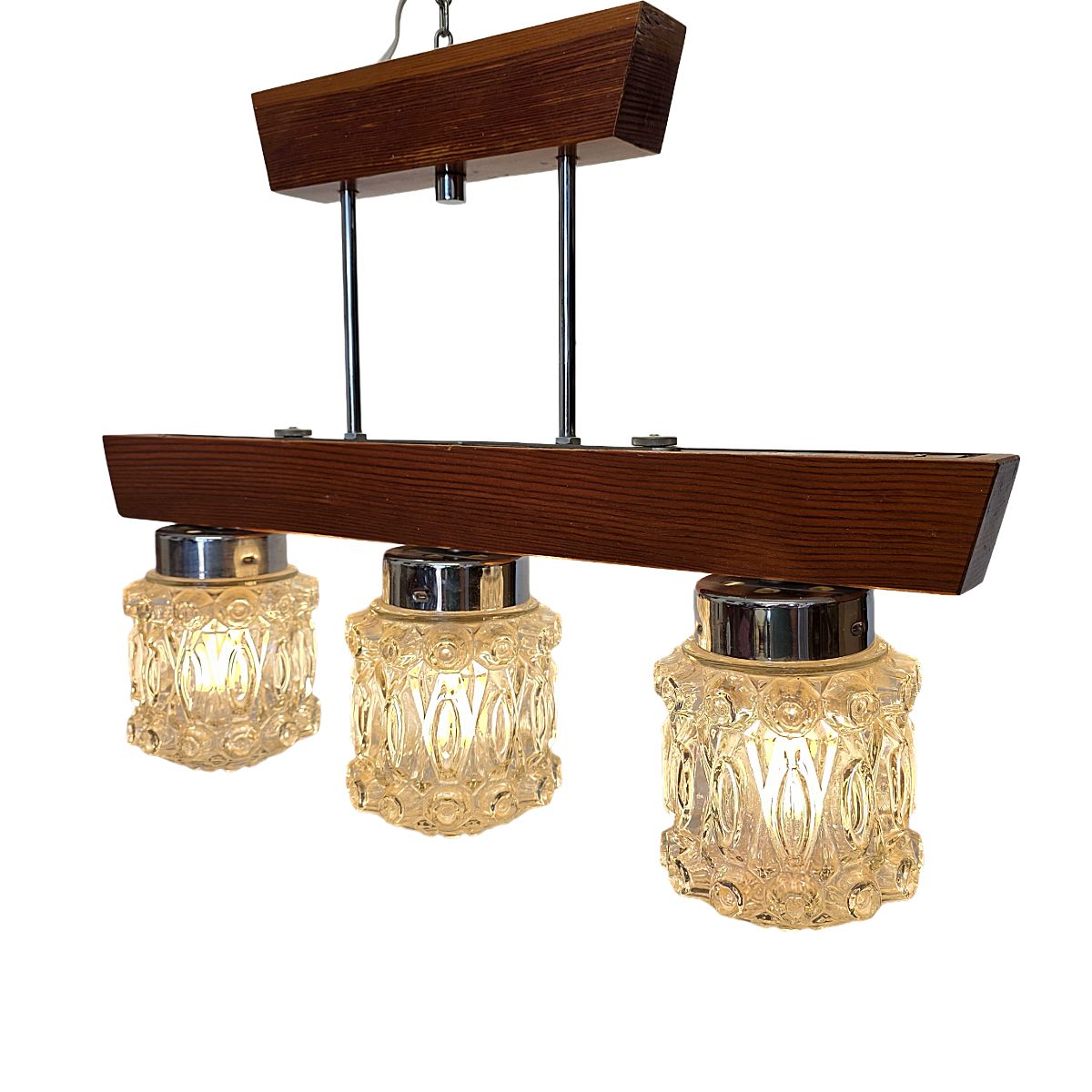 Mid Century Pendant Lamp With Wooden Frame And Three Pressed Glass Shades, 1970s photo furniture