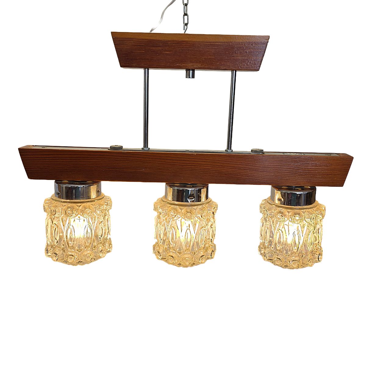 Mid Century Pendant Lamp With Wooden Frame And Three Pressed Glass Shades, 1970s photo vinterior