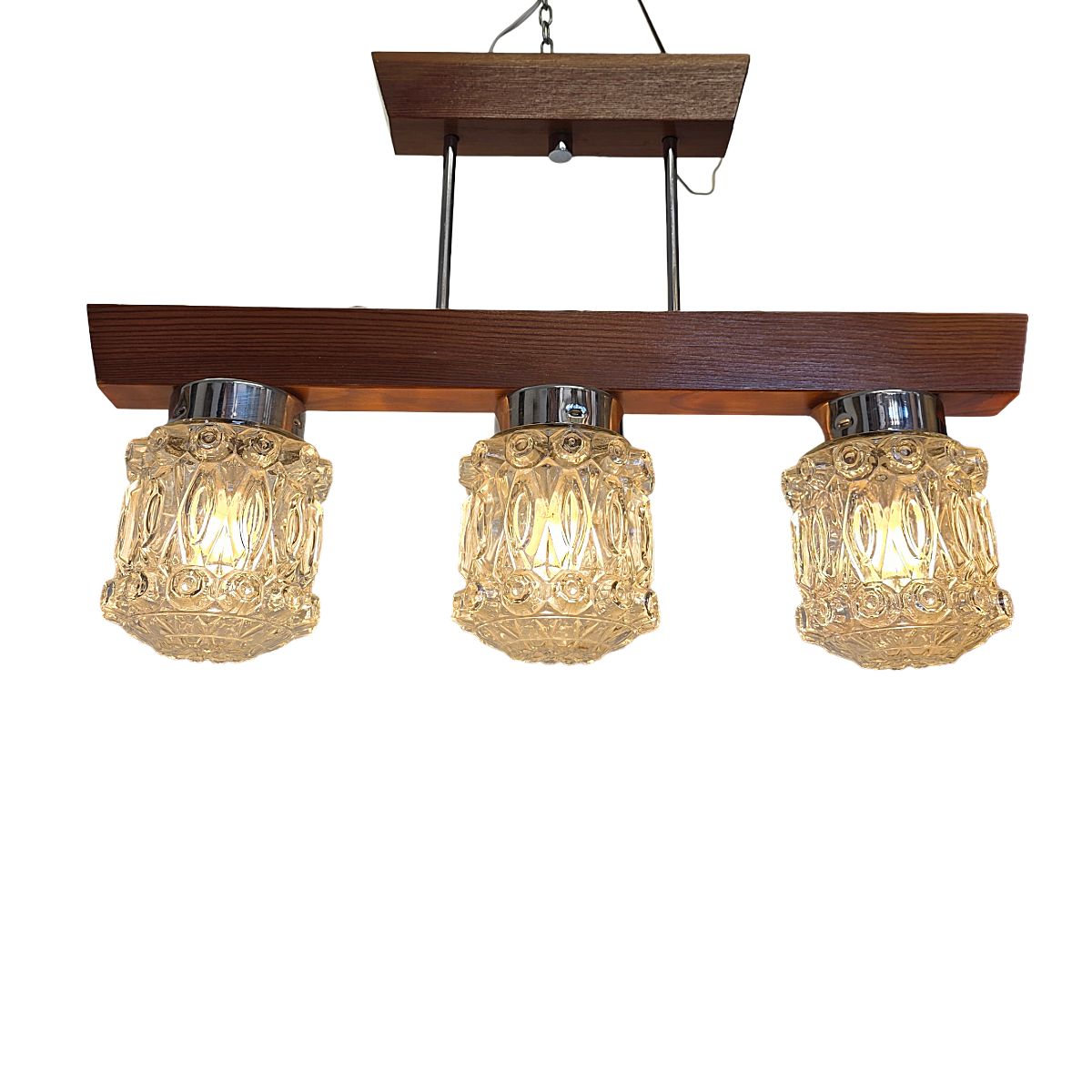 Mid Century Pendant Lamp With Wooden Frame And Three Pressed Glass Shades, 1970s photo buy