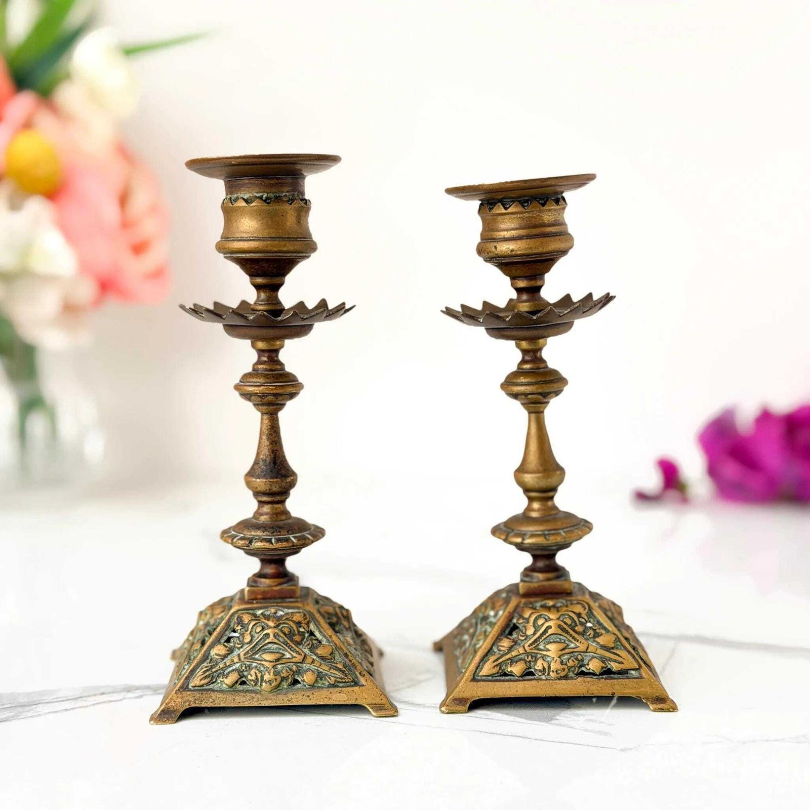 Antique Victorian Brass Candlesticks Ornate Face Mask Holders C.1880 photo Home Decor