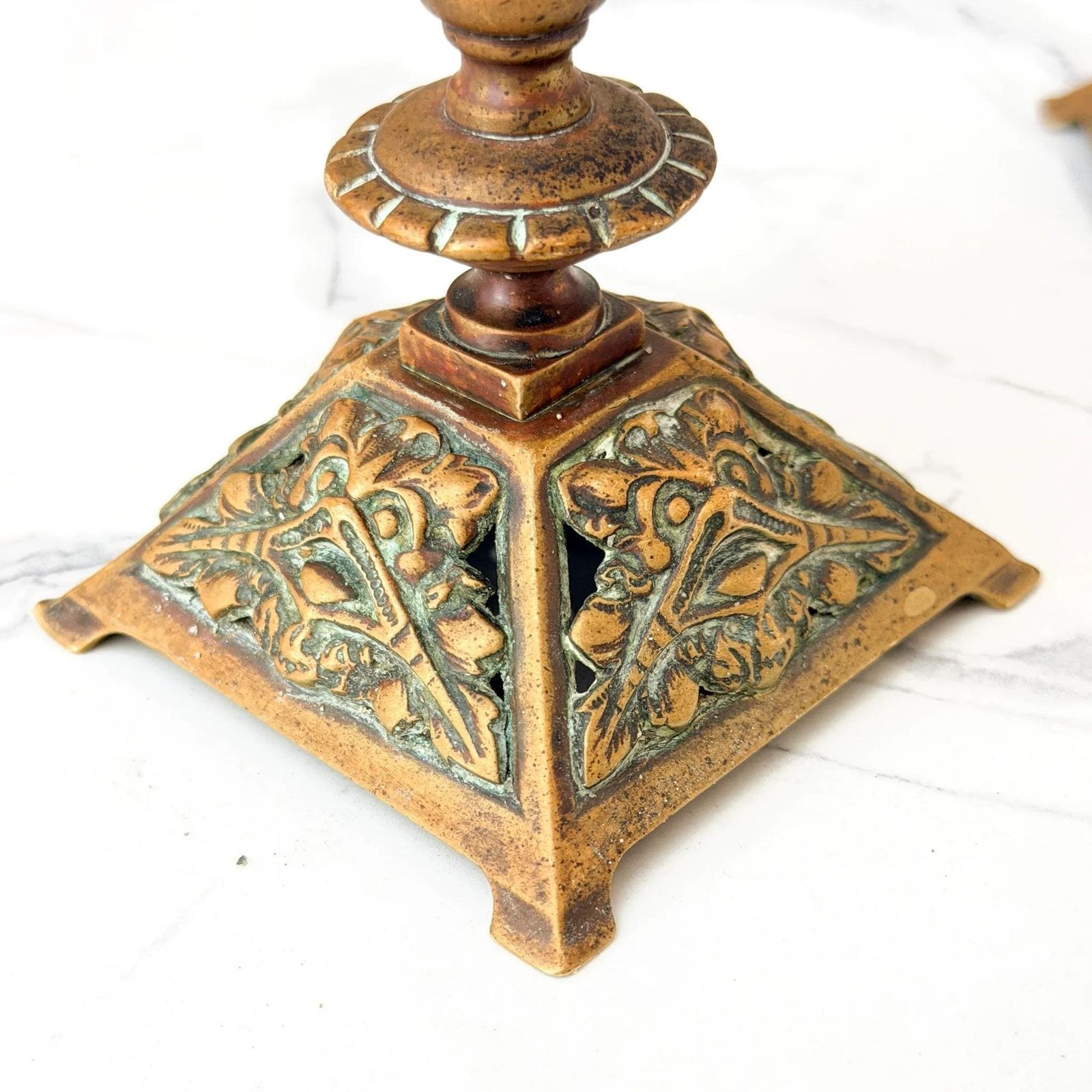 photo for sale Antique Victorian Brass Candlesticks Ornate Face Mask Holders C.1880