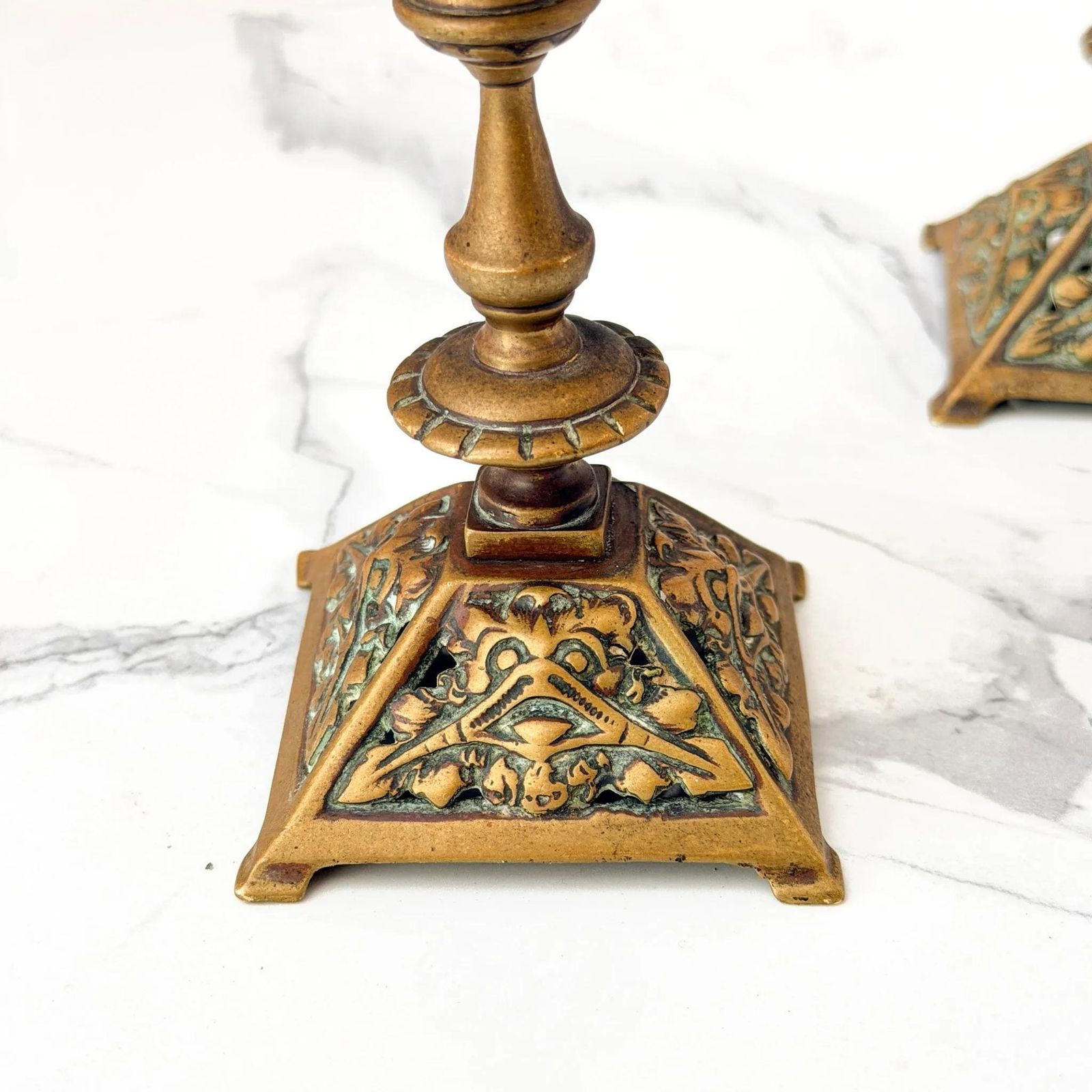 Home Decor Antique Victorian Brass Candlesticks Ornate Face Mask Holders C.1880 photo