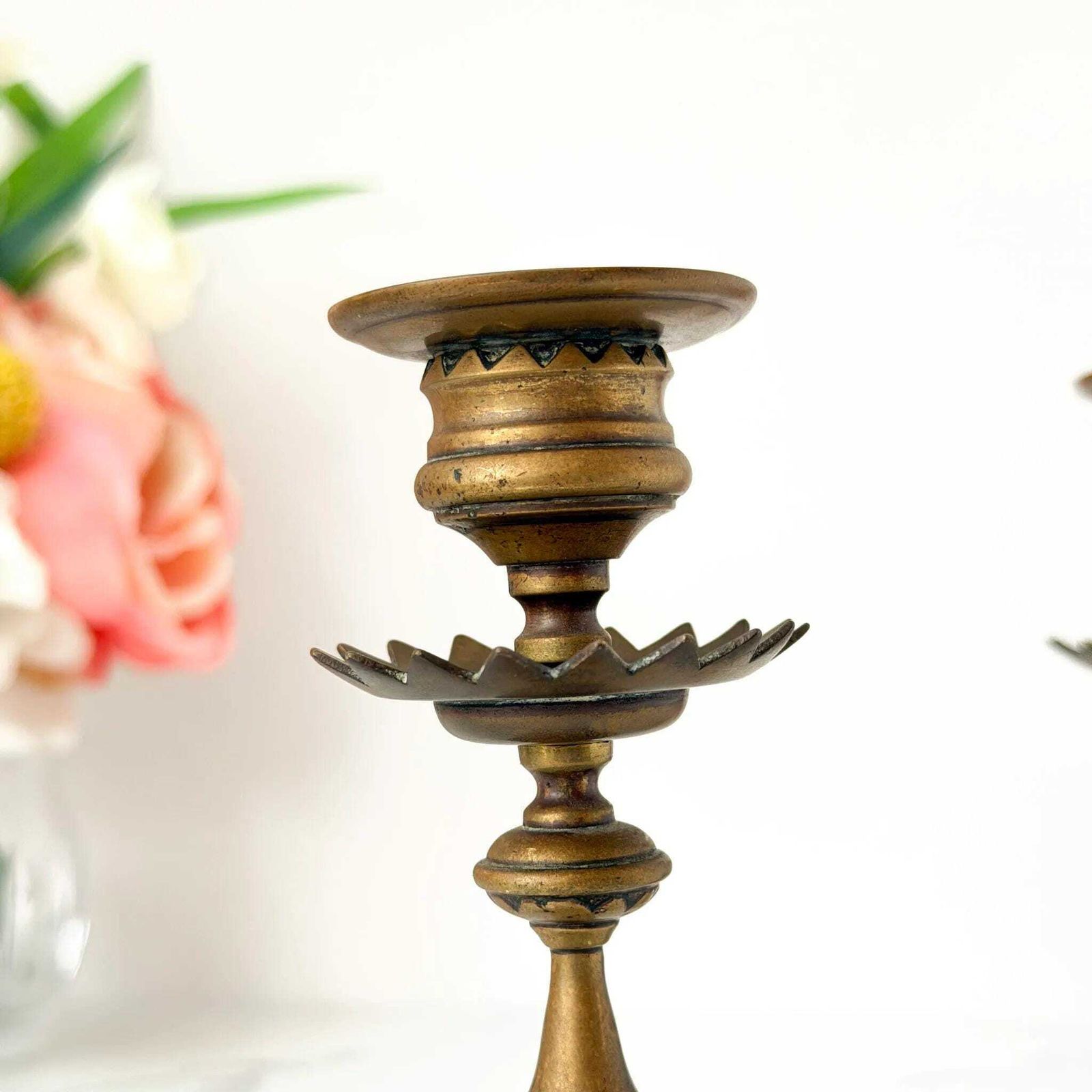 photo vinterior Antique Victorian Brass Candlesticks Ornate Face Mask Holders C.1880