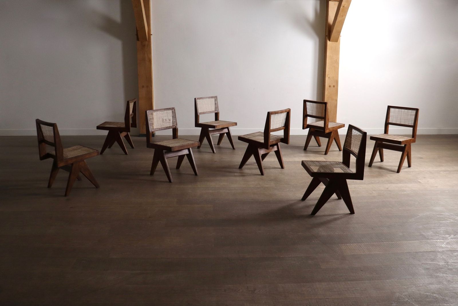 Set Of 8 Pierre Jeanneret Pj Si 25 A Armless Chairs, Chandigarh, 1958 1959