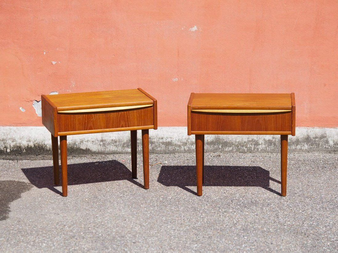 Vintage Teak Veneer Bedside Tables, Denmark, 1960, Set Of 2