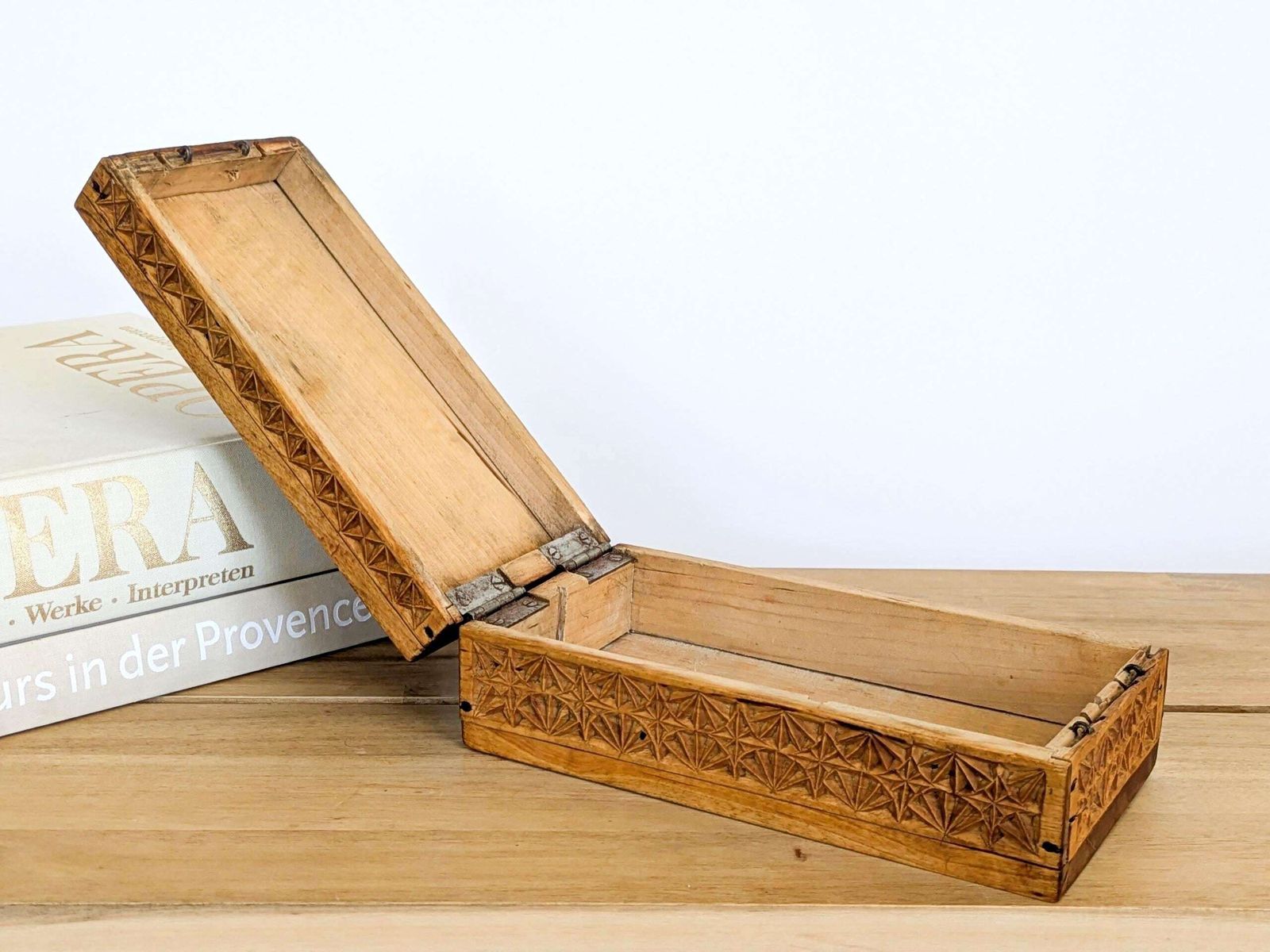 photo furniture Antique Tramp Folk Art Carved Wood File Lidded Jewelry Box Or Desk Storage