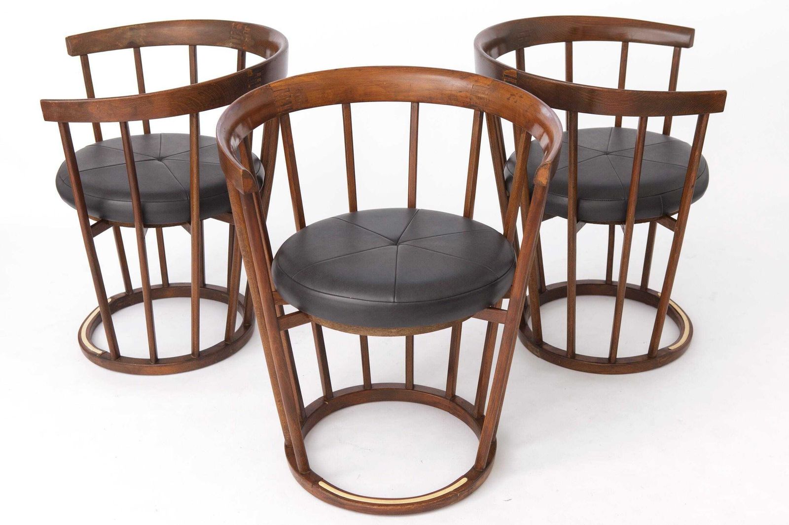 Set Of 4 Vintage Barrel Chairs, 1970s German Beech Wood Dining Chairs, Black Faux Leather, Mid Century Modern Statement Chairs photo for sale