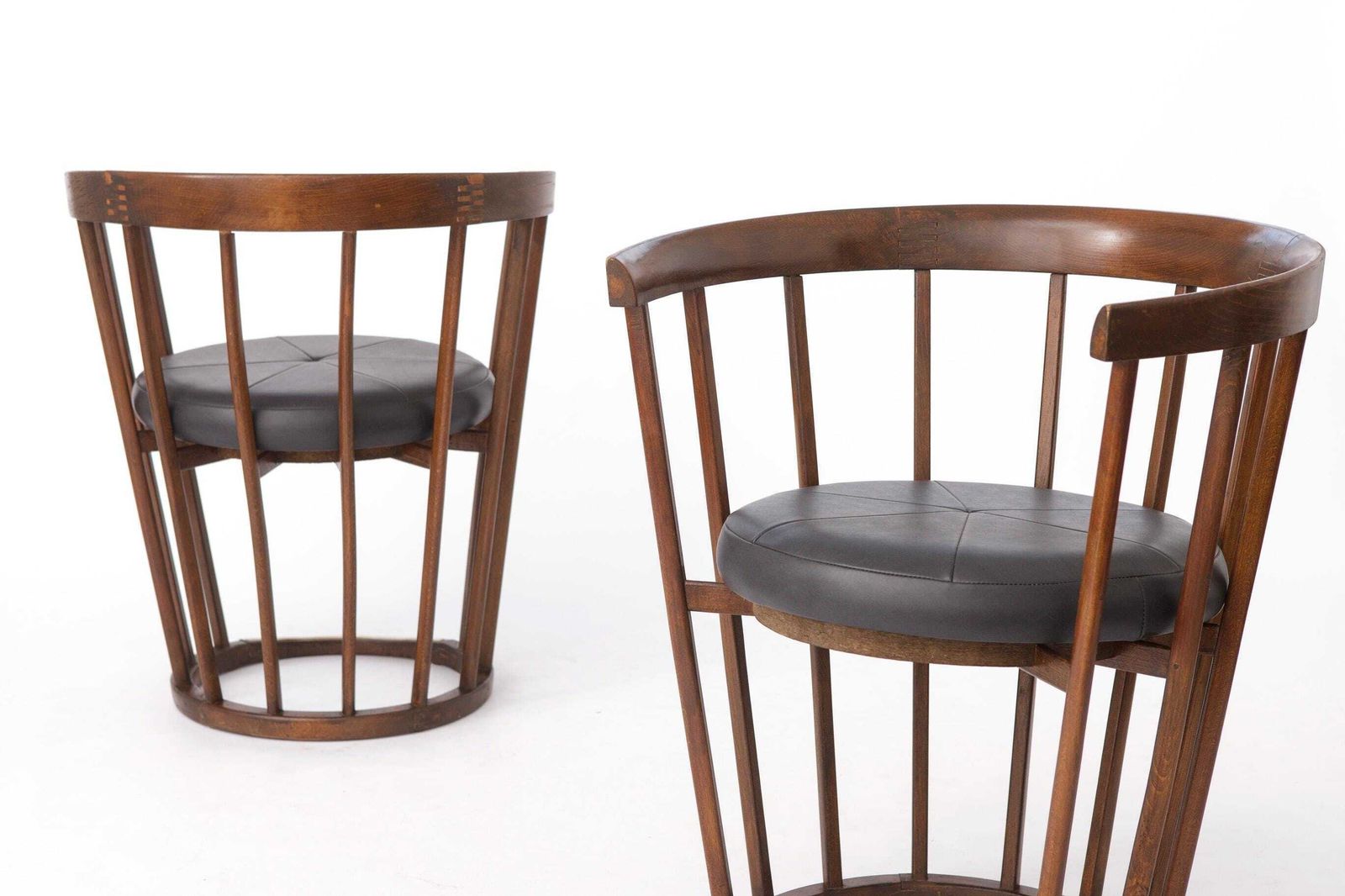 Set Of 4 Vintage Barrel Chairs, 1970s German Beech Wood Dining Chairs, Black Faux Leather, Mid Century Modern Statement Chairs photo 1342.0