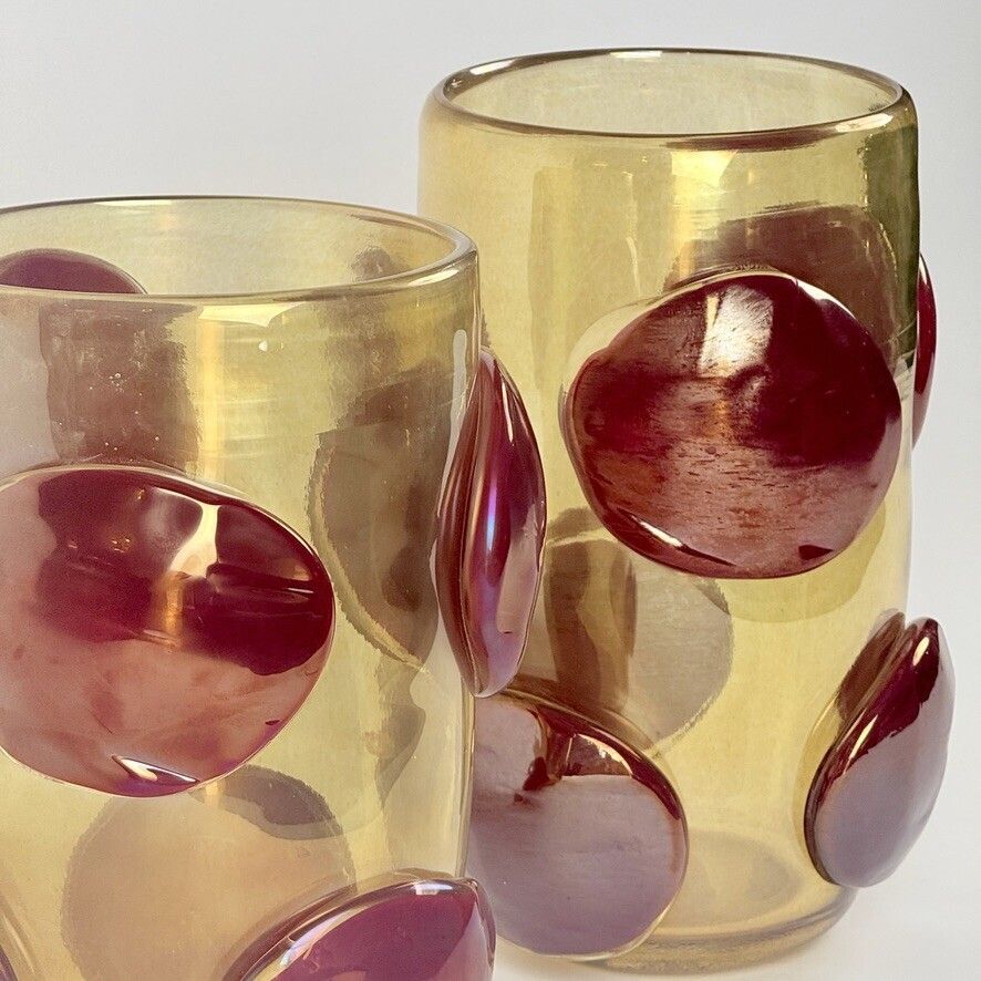 Late 20th Century Pair Of Transparent Gold Murano Glass Vases W/Red Applications photo for sale