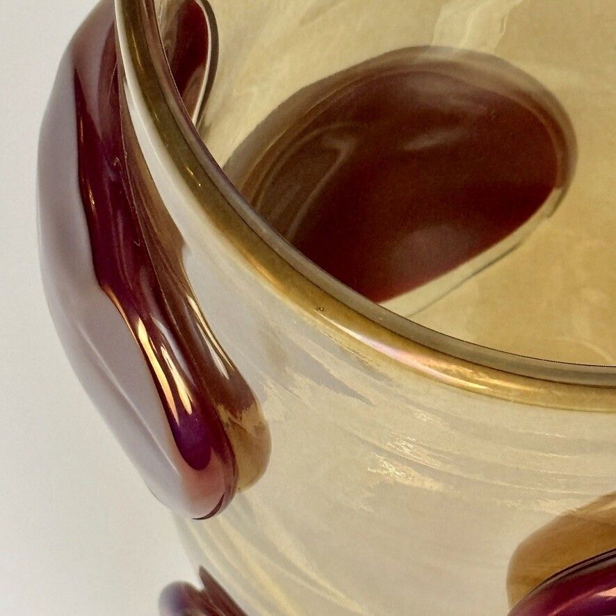 Late 20th Century Pair Of Transparent Gold Murano Glass Vases W/Red Applications photo vinterior