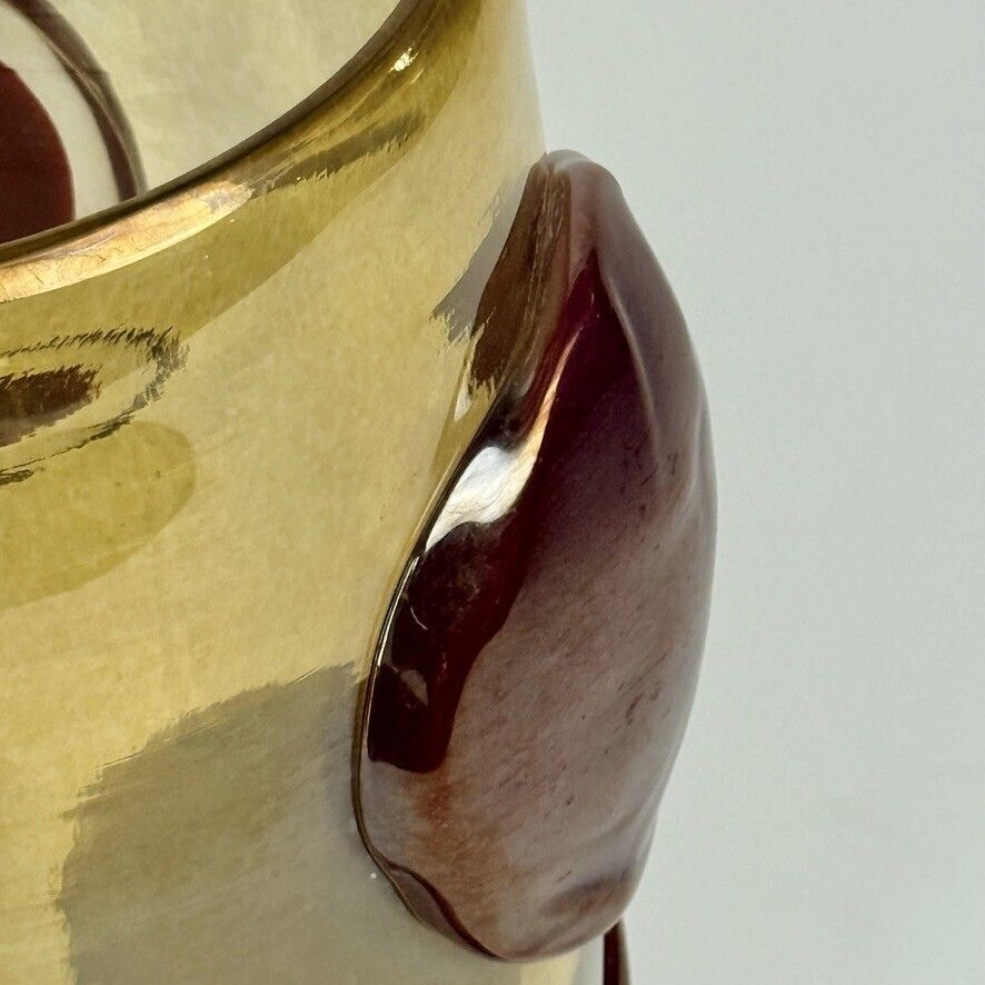 Late 20th Century Pair Of Transparent Gold Murano Glass Vases W/Red Applications photo buy