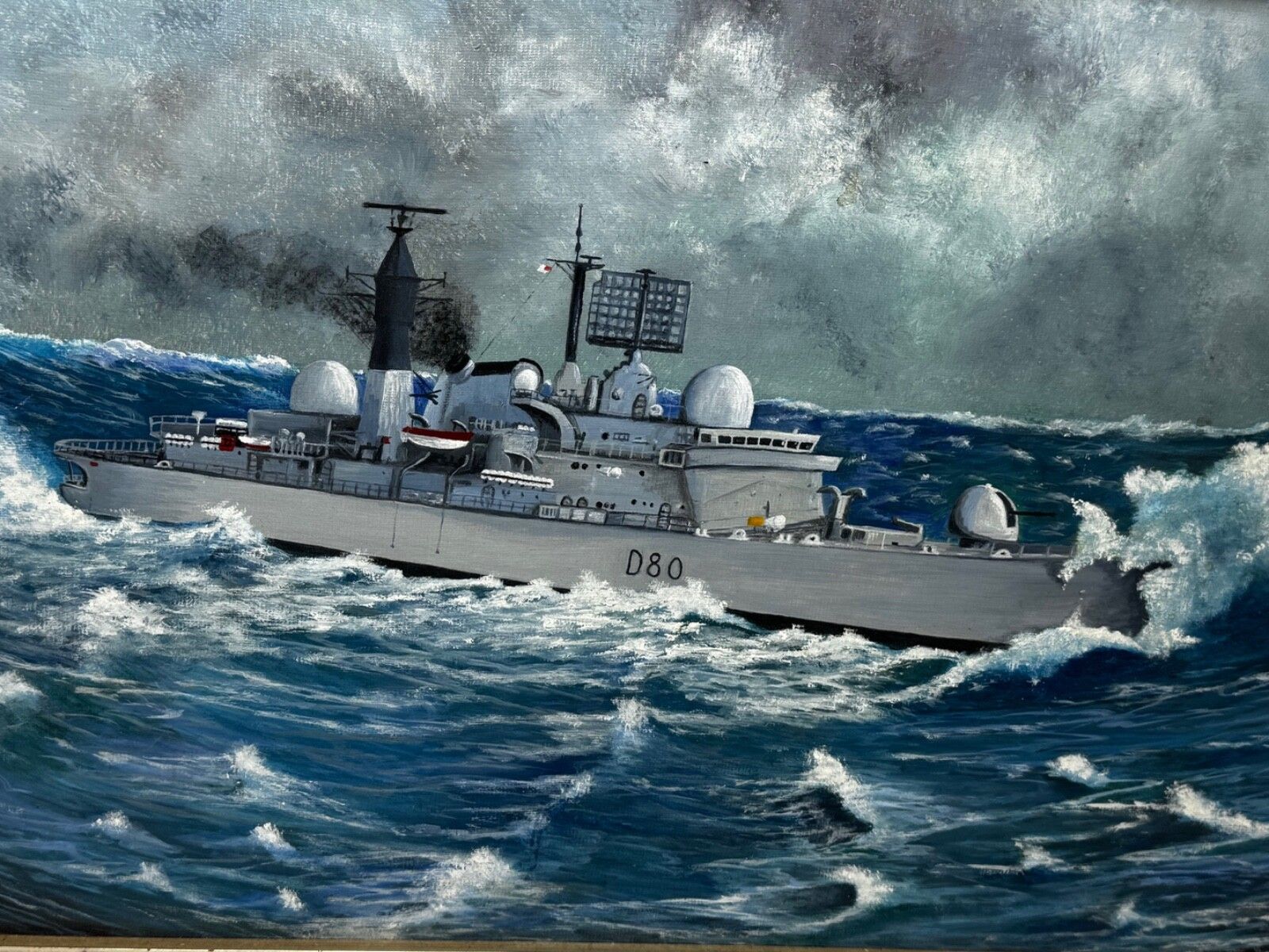 Olieverfschilderij HMS Sheffield D80 Falklandsoorlog Royal Navy, gesigneerd door A E Phillips photo furniture