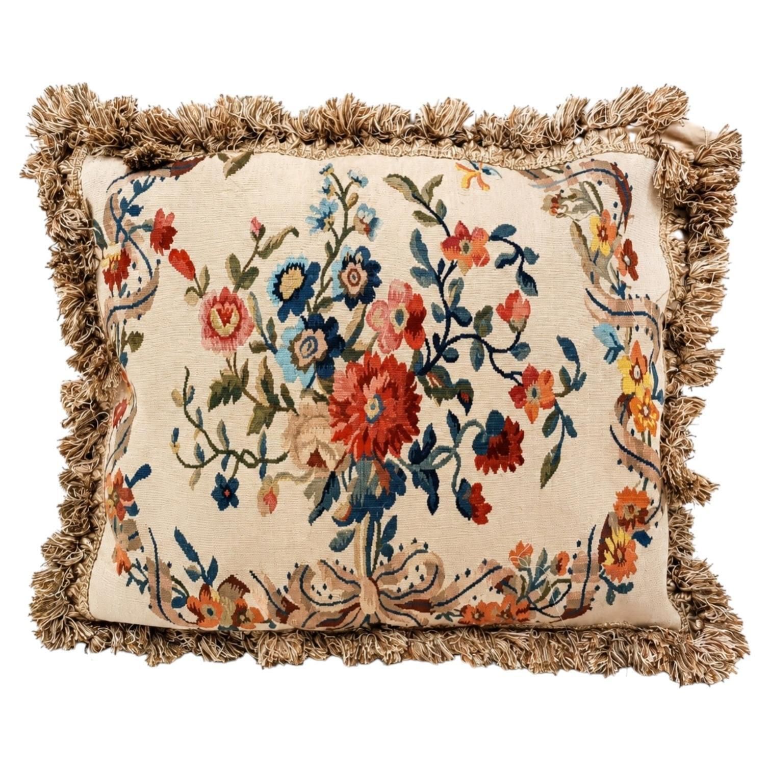 Large Tapestry Cushion Cover French Style Aubusson Floral Rose Bouquet & Tassel