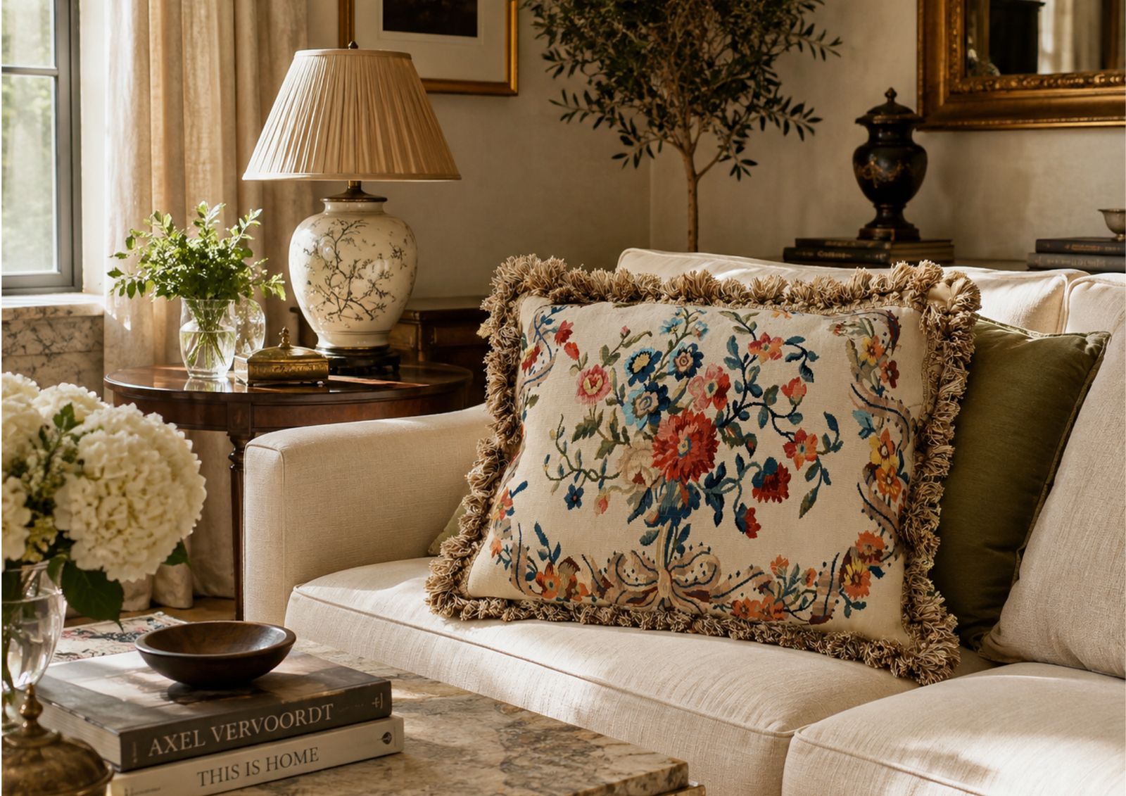 Grande housse de coussin en tapisserie de style Aubusson français, bouquet floral de roses et glands photo furniture