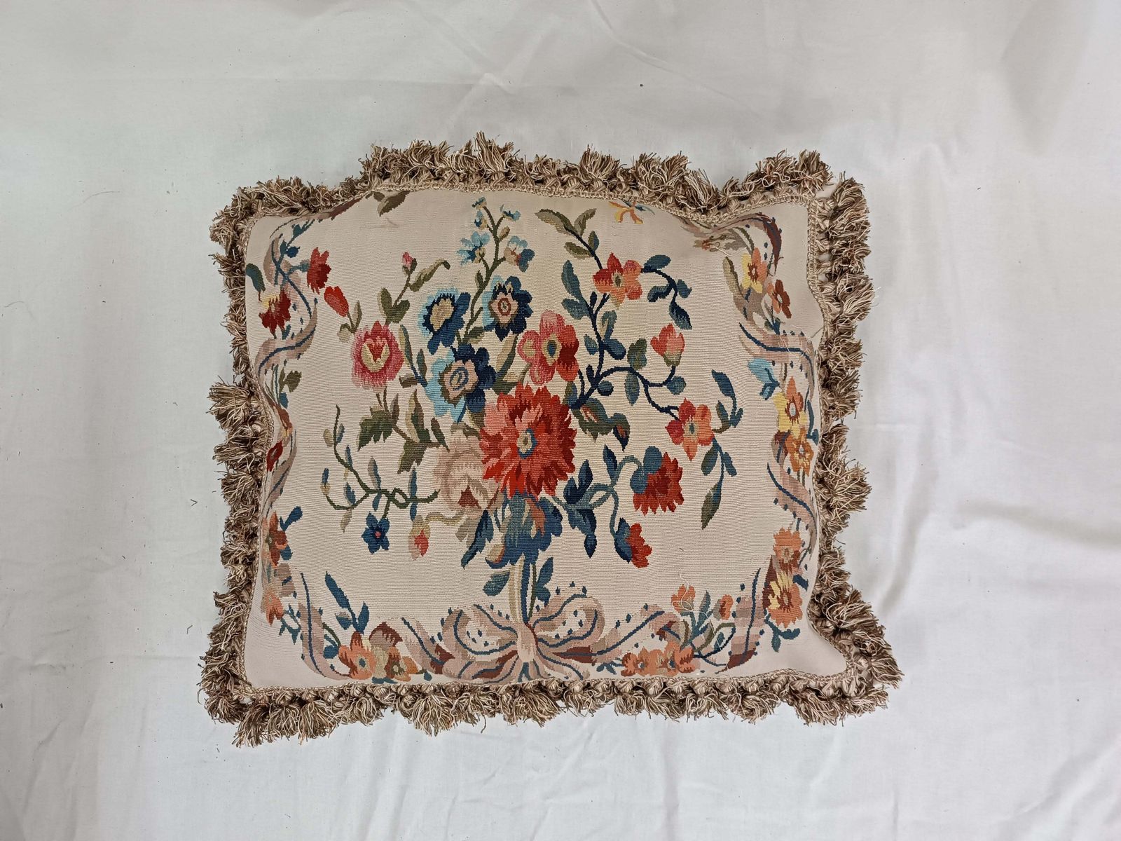 Large Tapestry Cushion Cover French Style Aubusson Floral Rose Bouquet & Tassel photo for sale