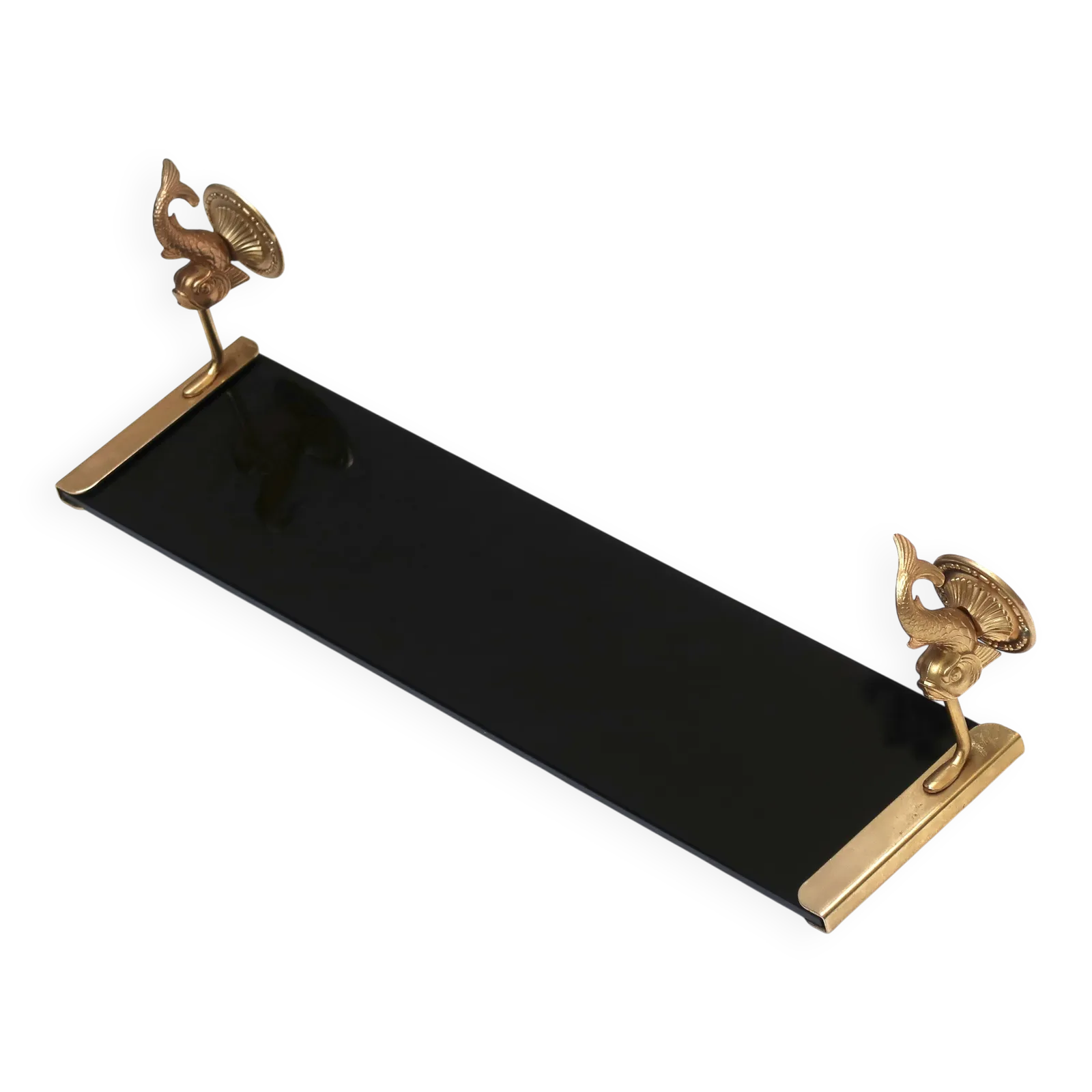 Wall Shelf In Gold Metal And Black Glass Adorned With Fish.