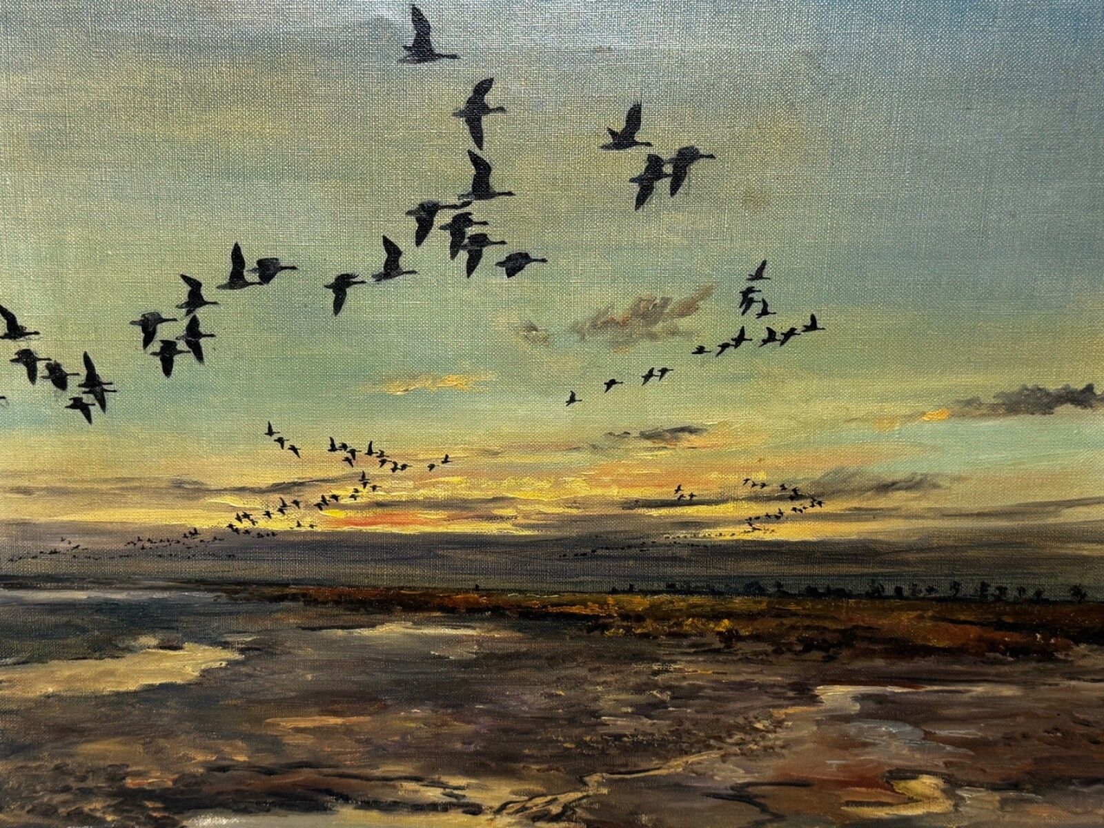 Mid Century Hugh Monahan 1954 Brent Geese Holbeach Marsh Wildlife Olieverfschilderij photo furniture