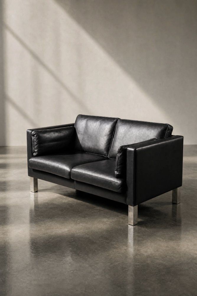 Mid Century Danish Modern Two Seater Black Leather Sofa, 1970s photo for sale