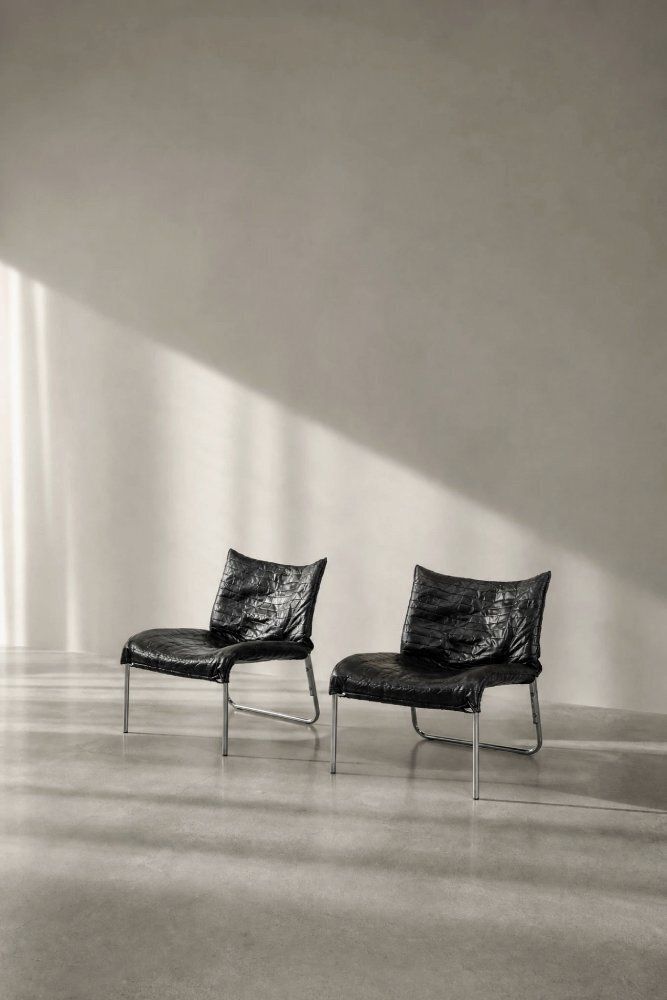 Mid Century Scandinavian Modern zwarte patchwork leren lounge fauteuils van Ikea, jaren 1980, set van 2
