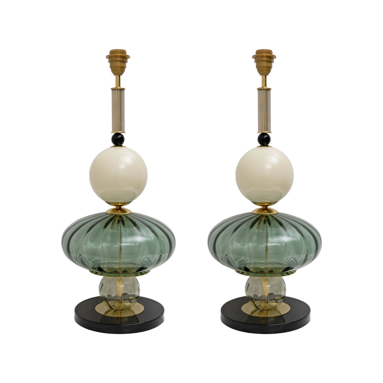 Pair Of Geometric Murano Glass Table Lamps In Green And White, Sottsass Style