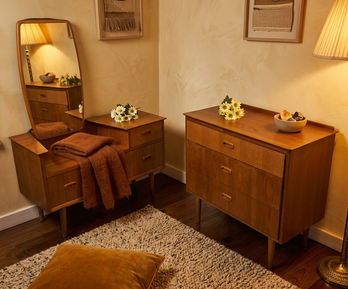 Vintage Mid Century Lebus Teak Dressing Table With Matching Chest Of Drawers photo furniture