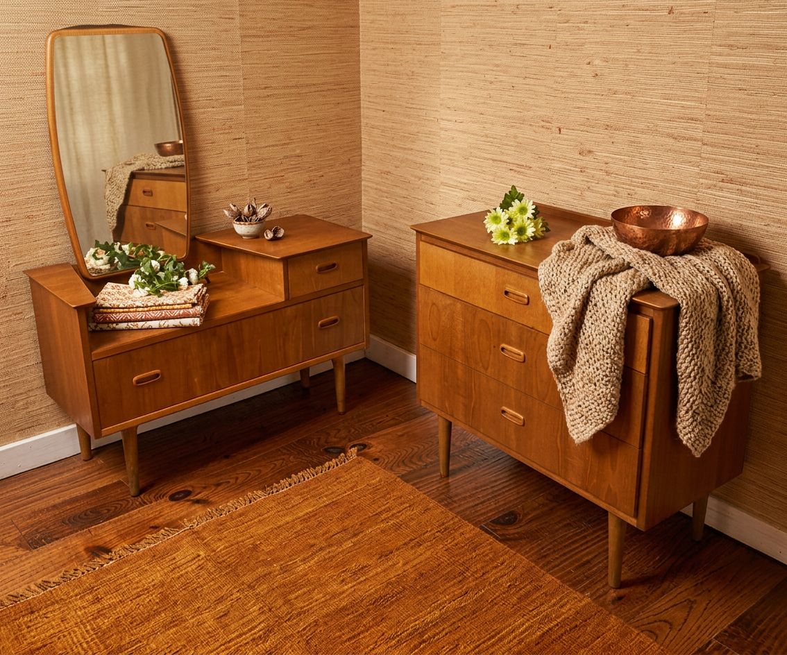 Vintage Mid Century Lebus Teak Dressing Table With Matching Chest Of Drawers photo for sale
