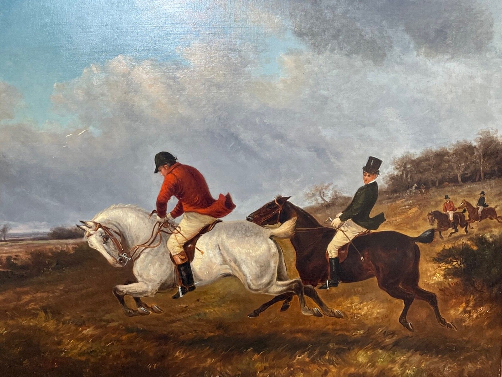 Gesigneerd Thomas Smythe, Hunting Charge, grijs en kastanjebruin paard, groot Victoriaans sportief olieschilderij, ingelijst photo furniture