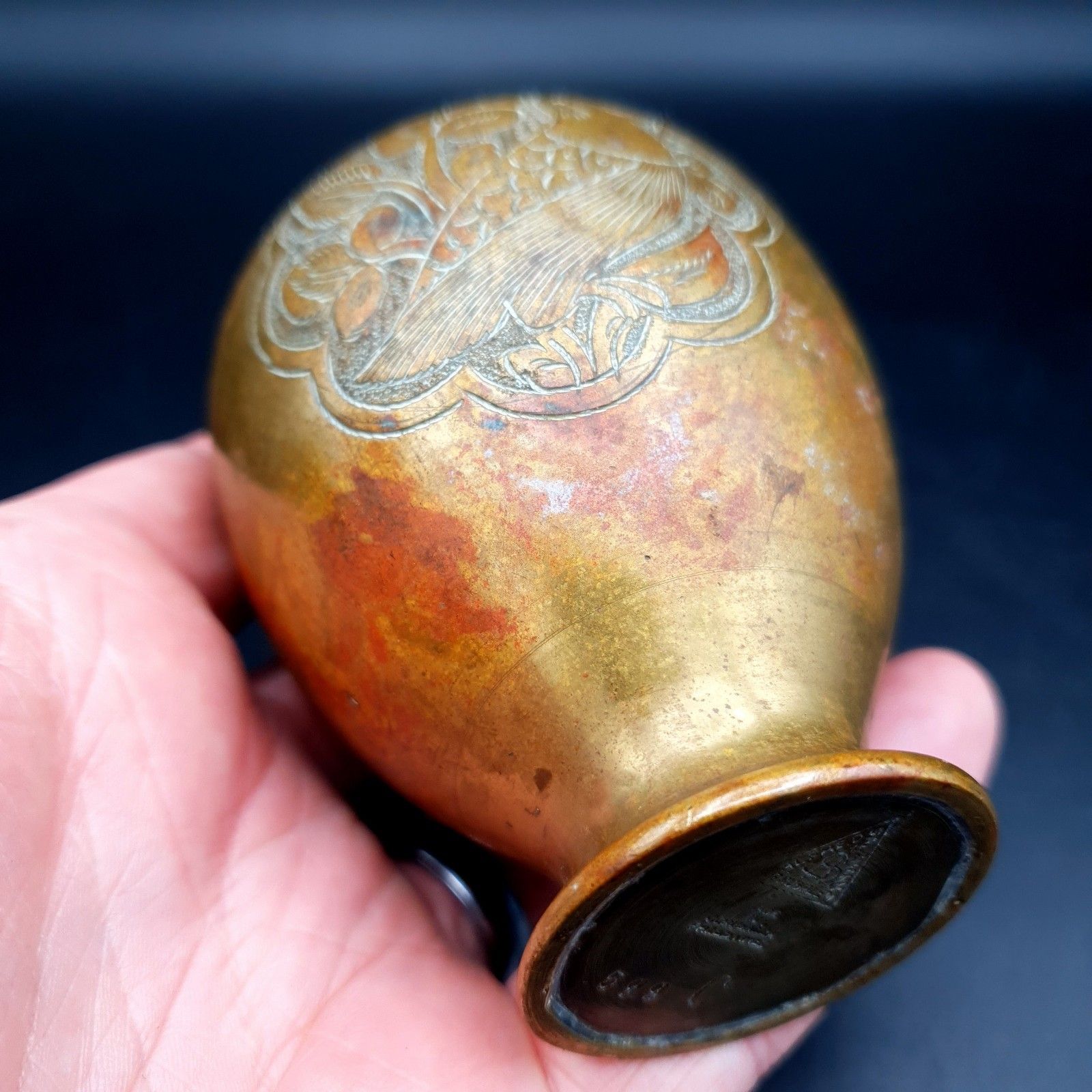 photo buy Antique Alfred Salzmann Jerusalem Palestine Brass Bird Vase C 599 C.1930 10.6cm