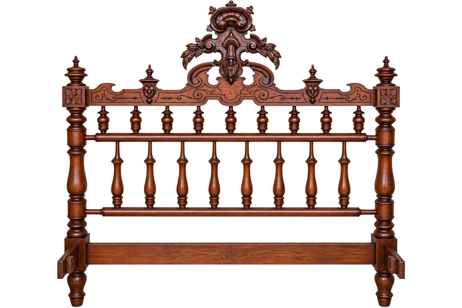 Ornately Carved Antique Wooden Bed Frame With Turned Spindles And Crest photo 4869.0