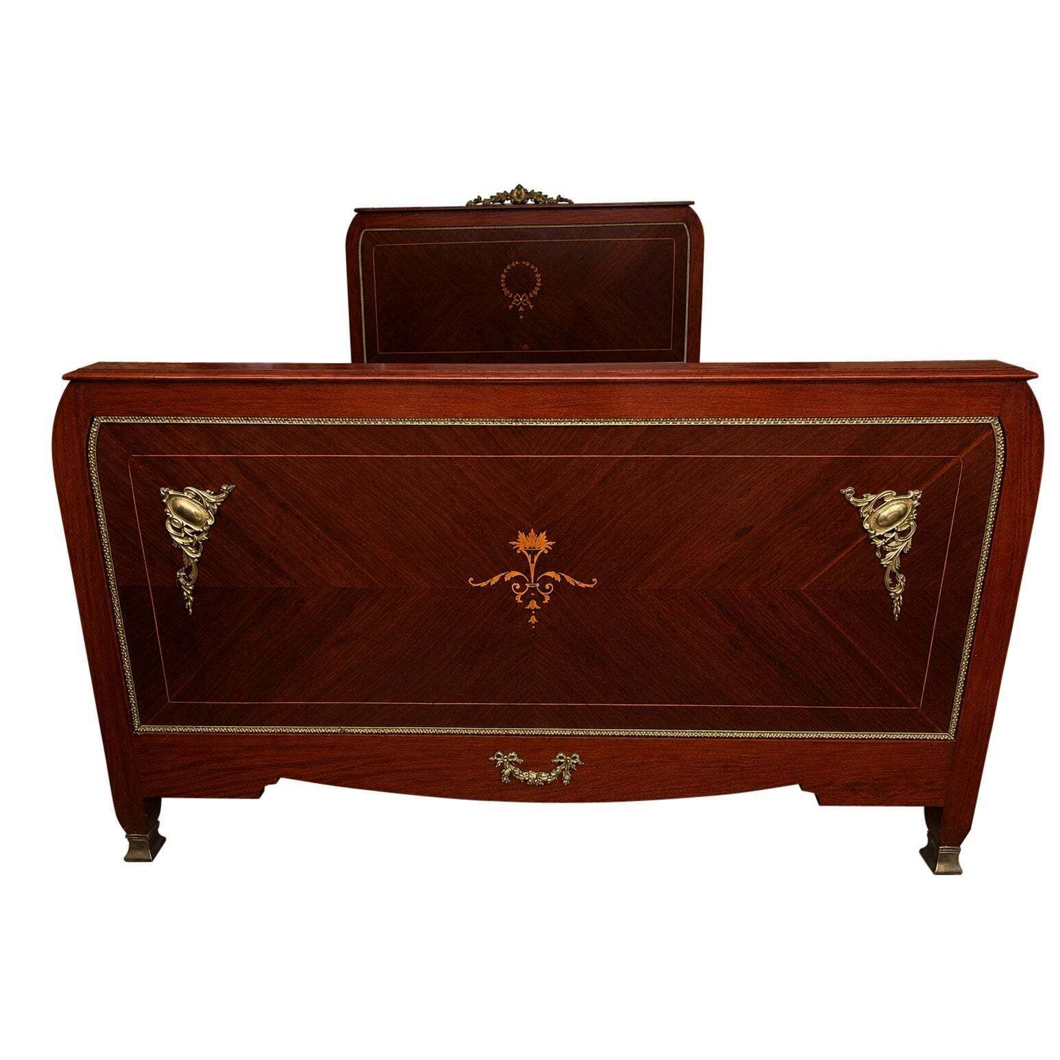 Elegant French Neoclassical Inlaid Wood Bed With Gilt Bronze Mounts