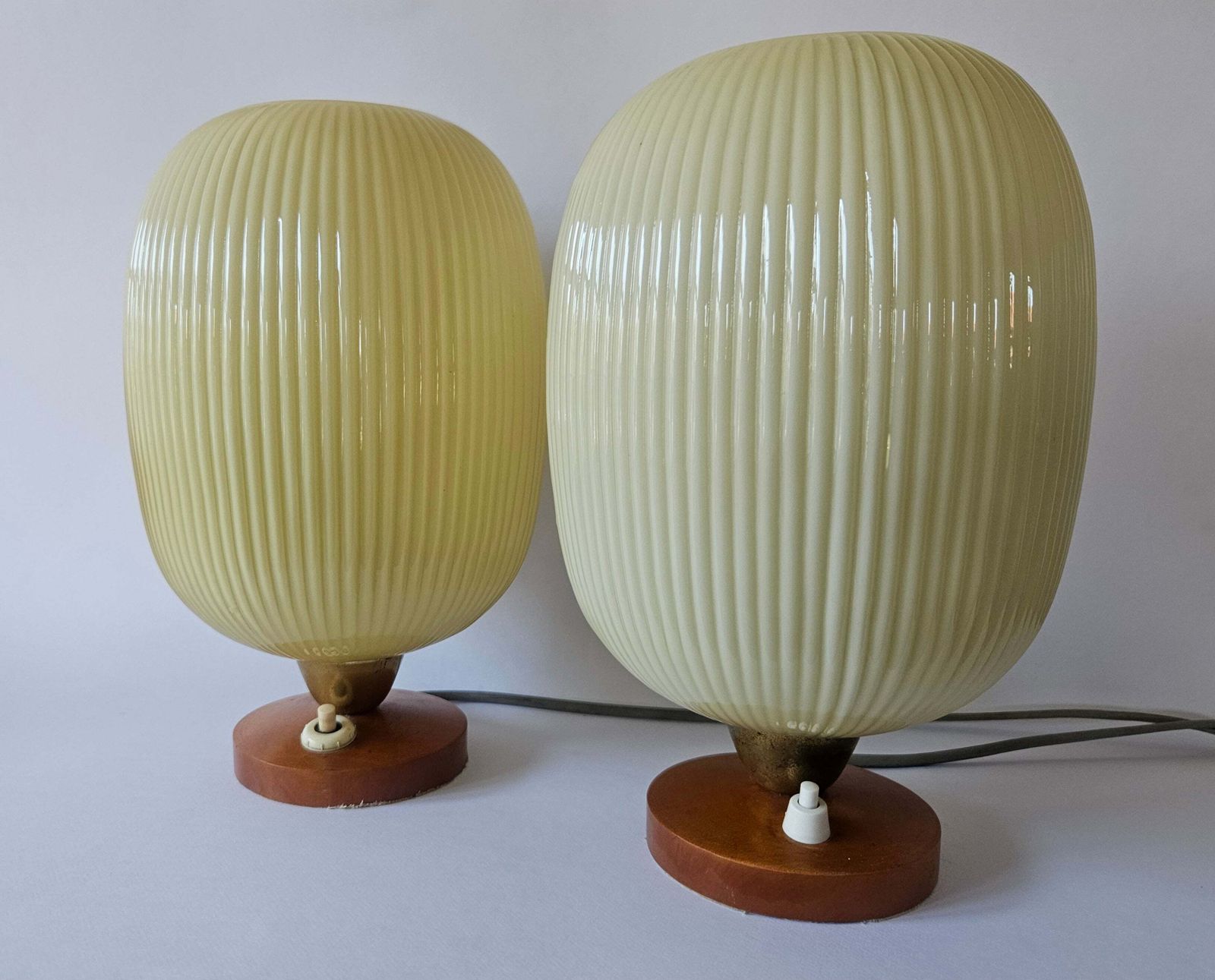 Rare Pair Of Table Lamps, Glass And Wood, 1960s photo vintage