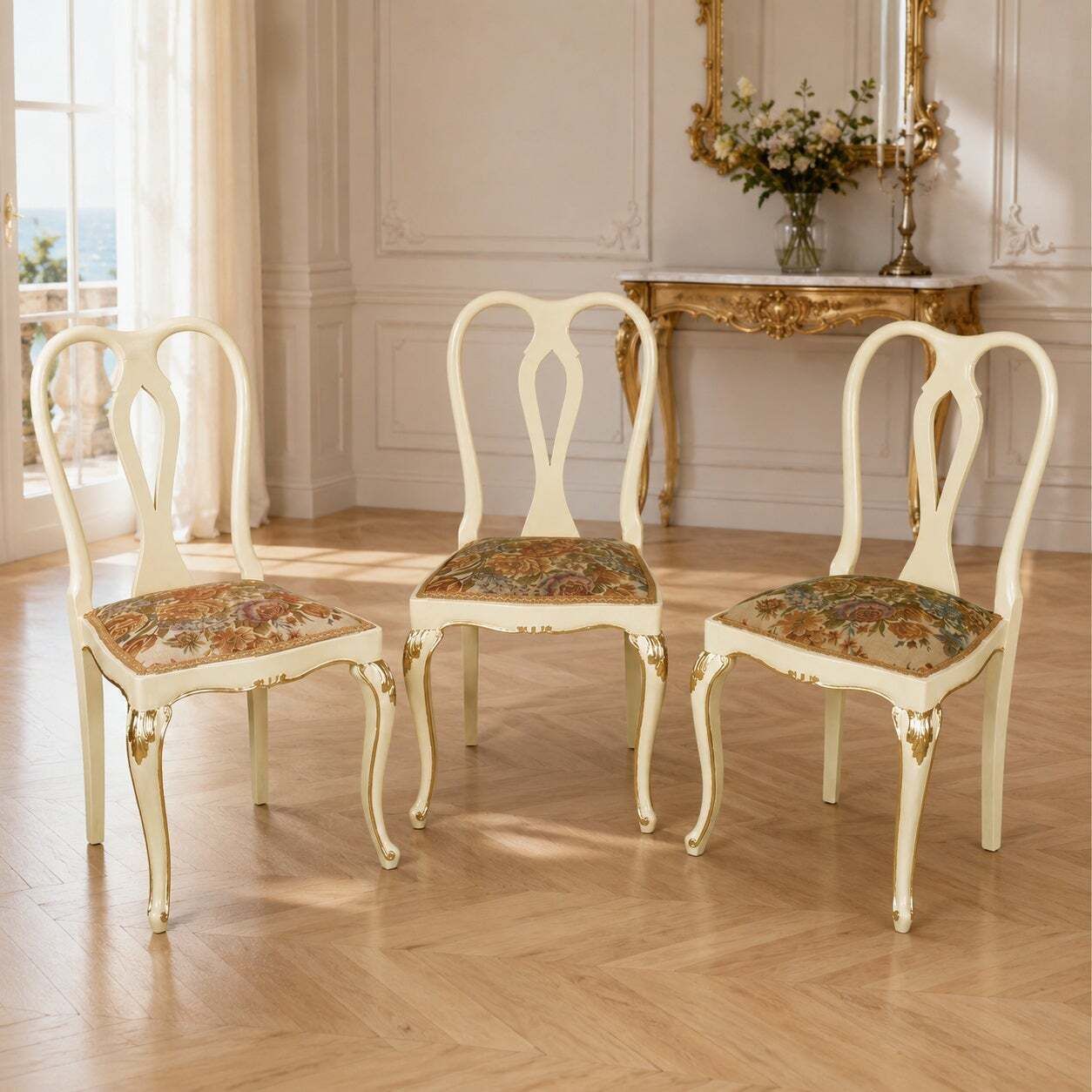 photo furniture Set van Drie Venetiaanse Crèmelak en Verguld Walnoten Stoelen met Bloemen Bekleding