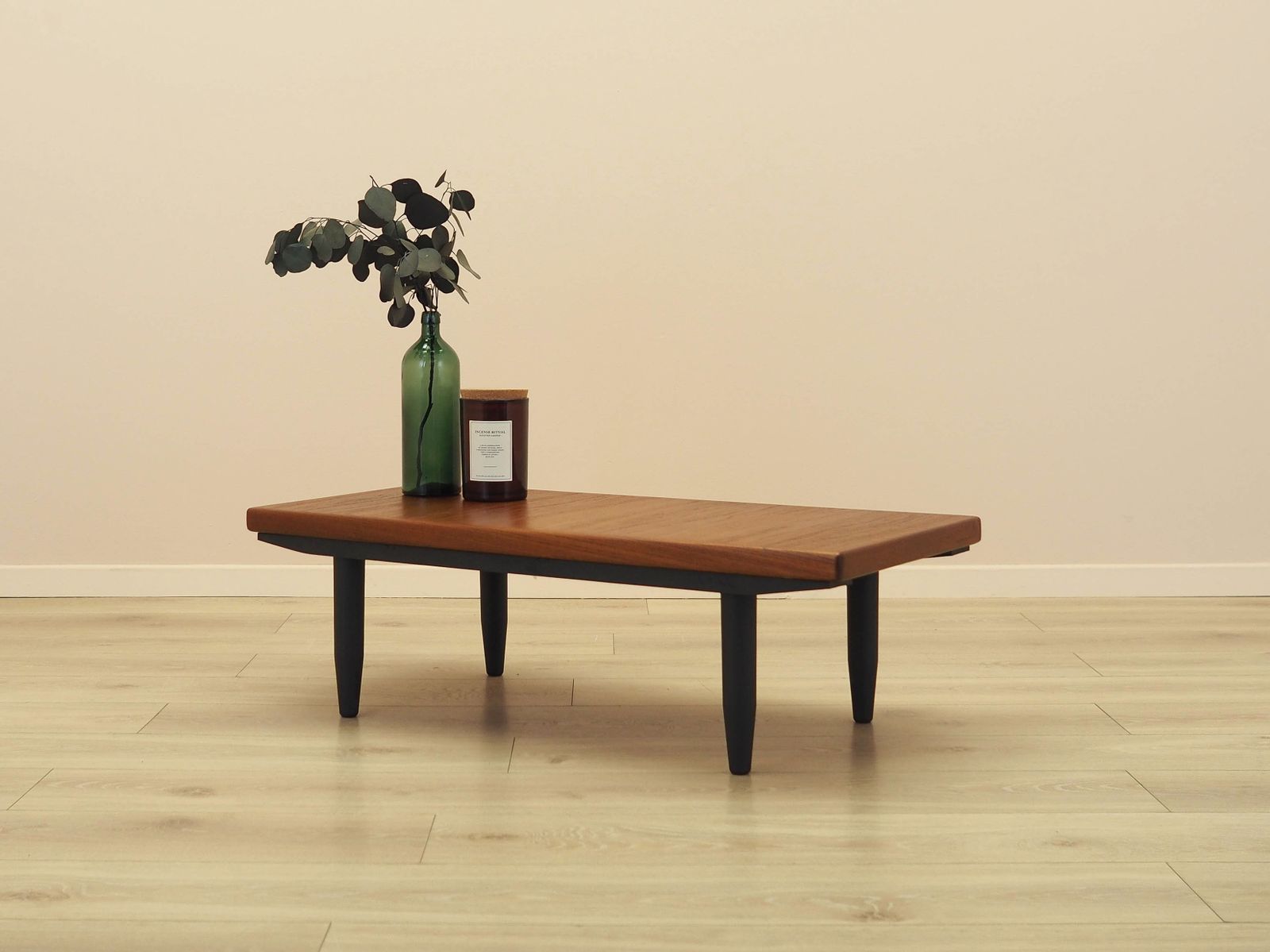 Danish Teak Veneer Coffee Table With Black Tapered Legs, 1960s photo for sale