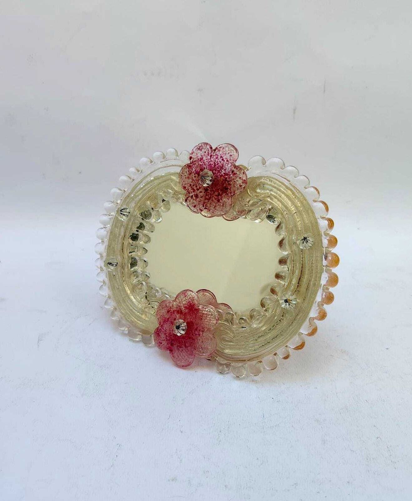 Miroir de table ou mural en verre de Murano, cadre à fleurs roses vintage, dans le style de Barovier