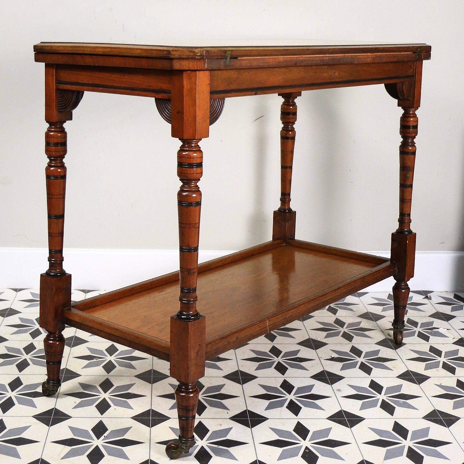 Edwardian Mahogany Card Game Table Baize Top On Porcelain Castors
