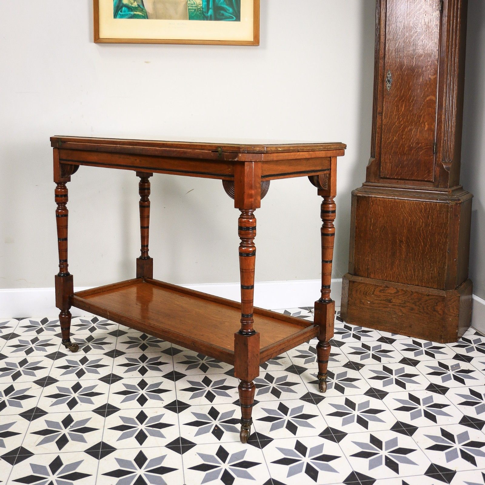 Edwardian Mahogany Card Game Table Baize Top On Porcelain Castors photo vinterior