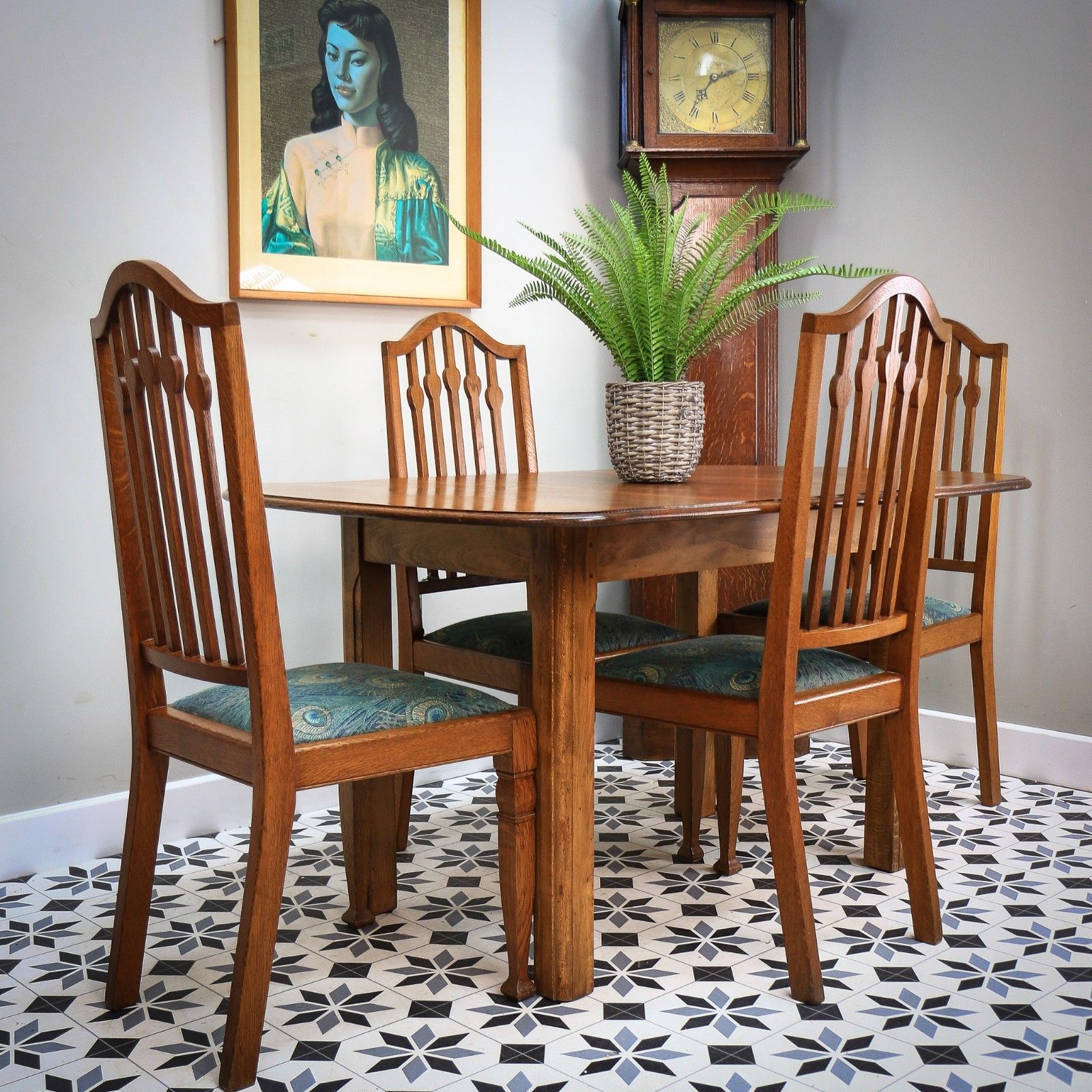 Arts And Crafts Dining Table And Liberty Chairs In Solid Oak With Liberty Fabric