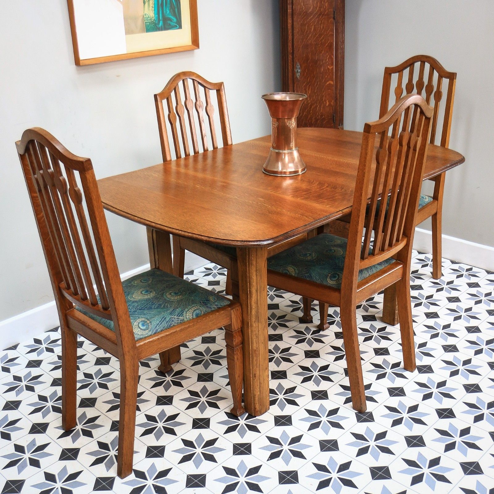 Arts And Crafts Dining Table And Liberty Chairs In Solid Oak With Liberty Fabric photo furniture