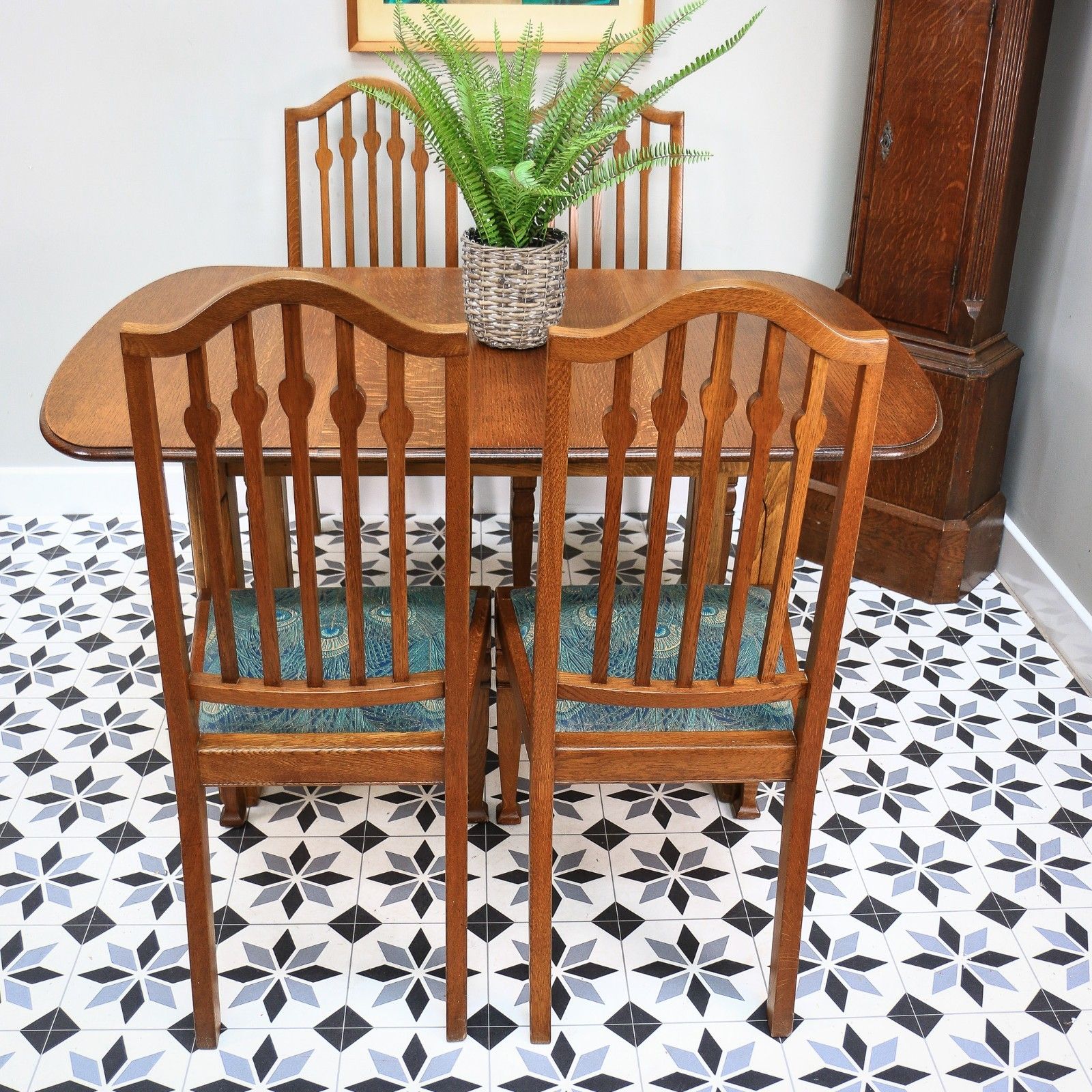 Arts And Crafts Dining Table And Liberty Chairs In Solid Oak With Liberty Fabric photo Furniture
