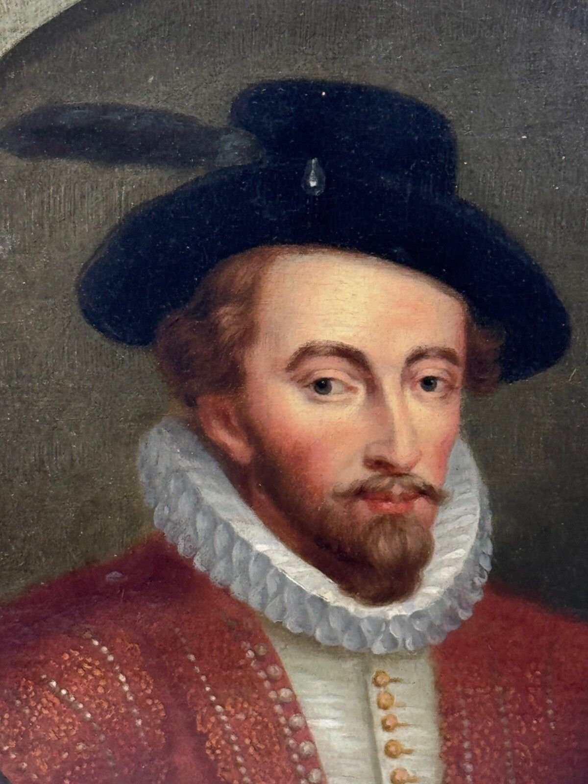Vergulde lijst, olieverf portret van Sir Walter Raleigh, 18e eeuw, naar het bekende Lennard-type photo Kunst