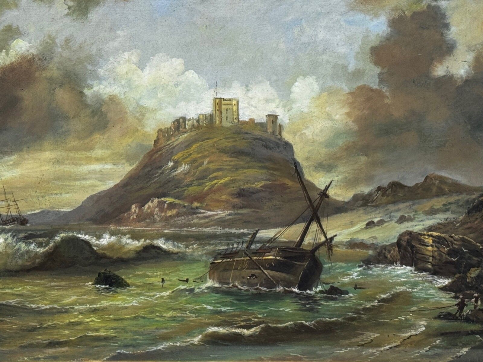 Victoriaans Brits marineolieverfschilderij Bamburgh Castle Scheepswrak Volgeling Carmichael photo furniture