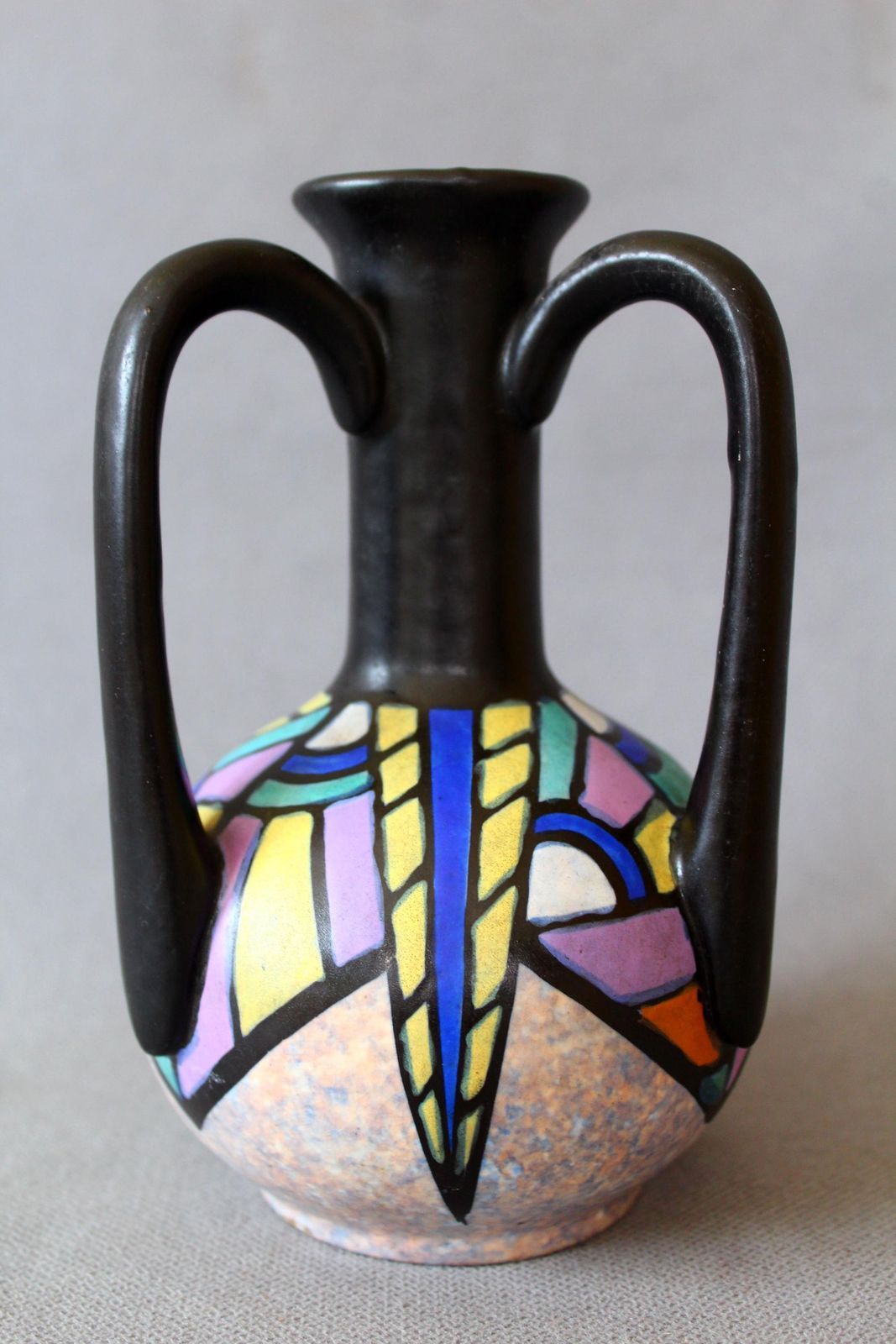 Art Deco Circa 1920s Antoine Dubois Gouda Art Pottery Vase, Three Handles, Bergen Mons Belgium, Ceramic Vase, Bud Vase, Signed, Hand Painted photo vintage